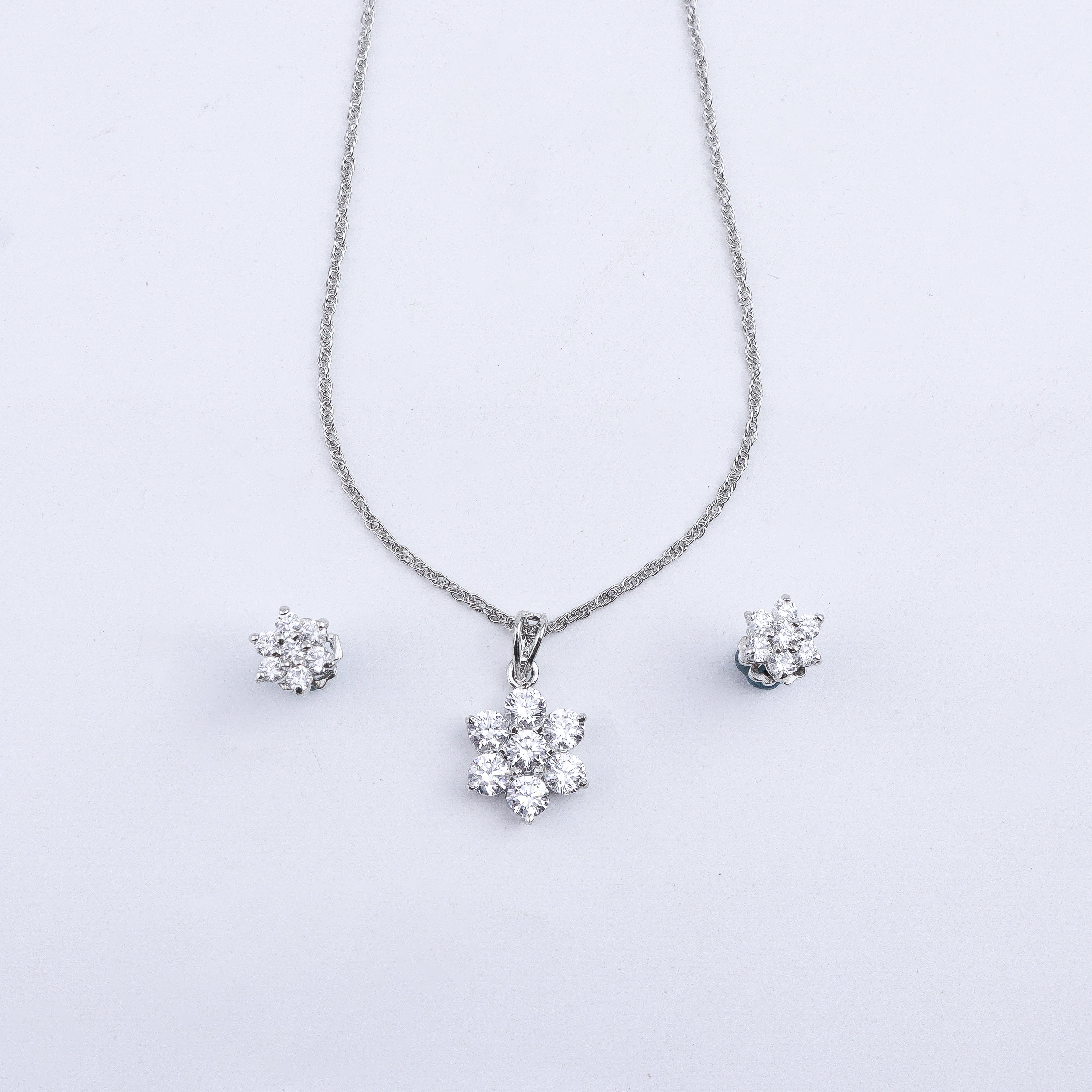 Silver CZ Flower Pendant Earring Set