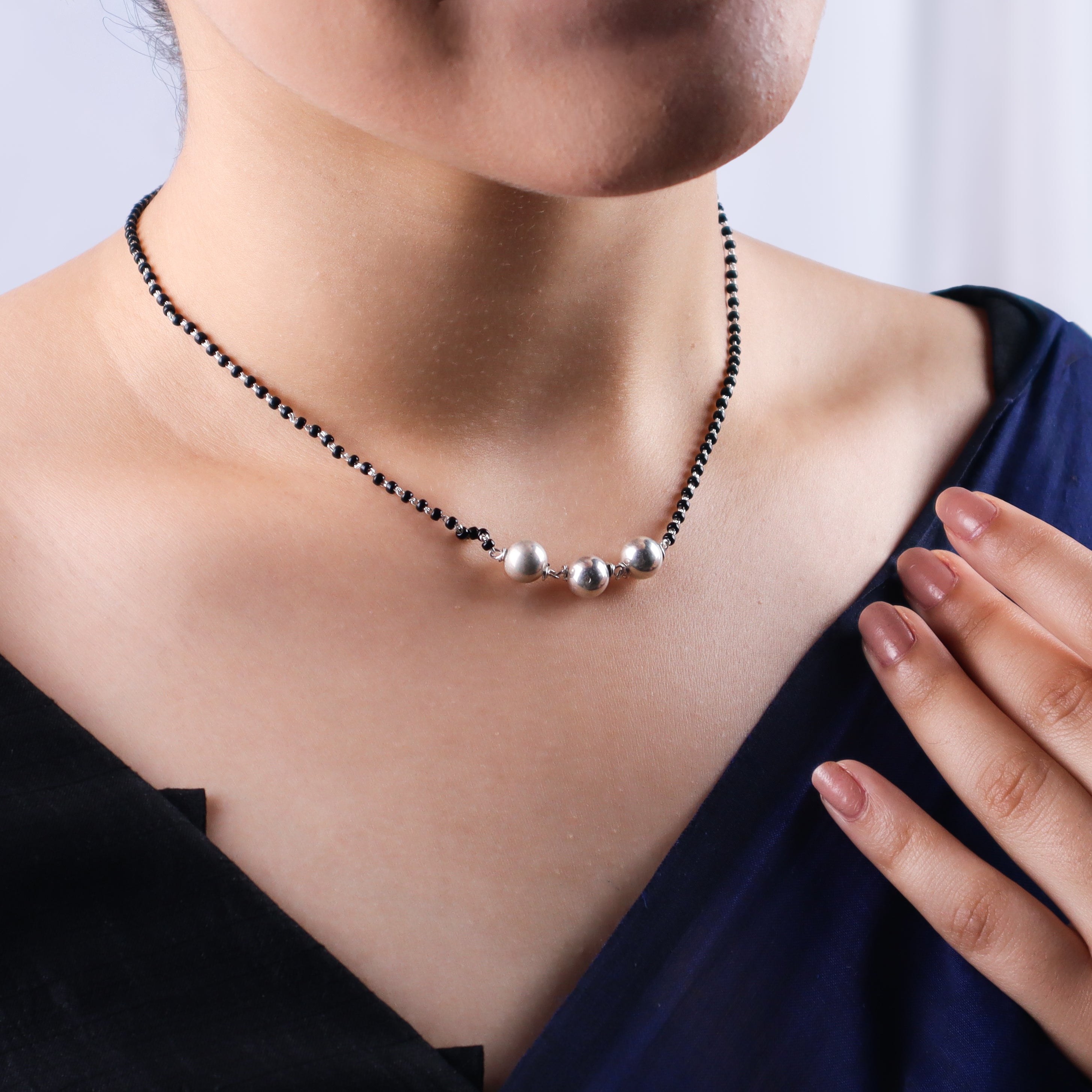 Black and silver beaded mangalsutra with large silver pendant