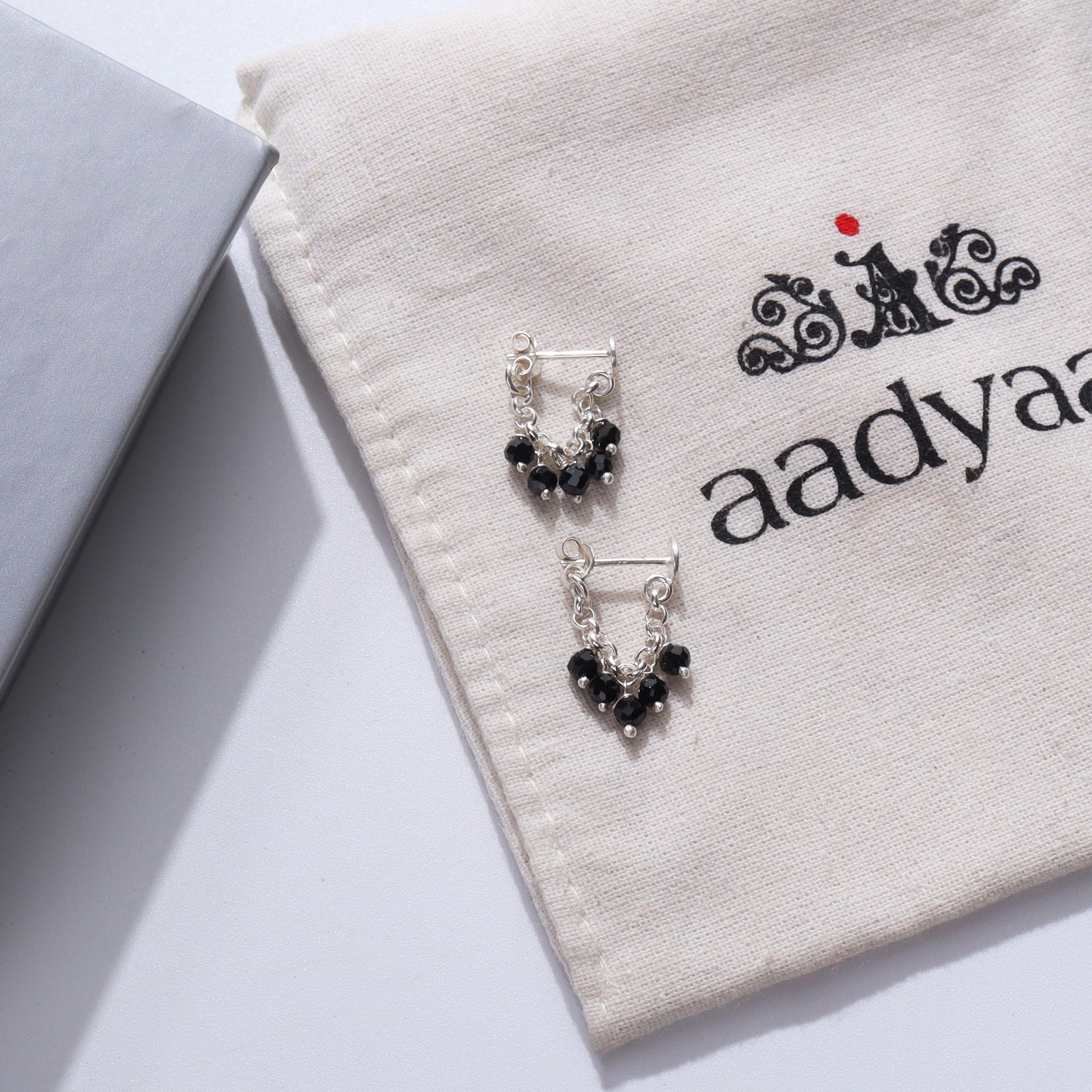 Silver Black Spinel Earrings with black beads and silver accents