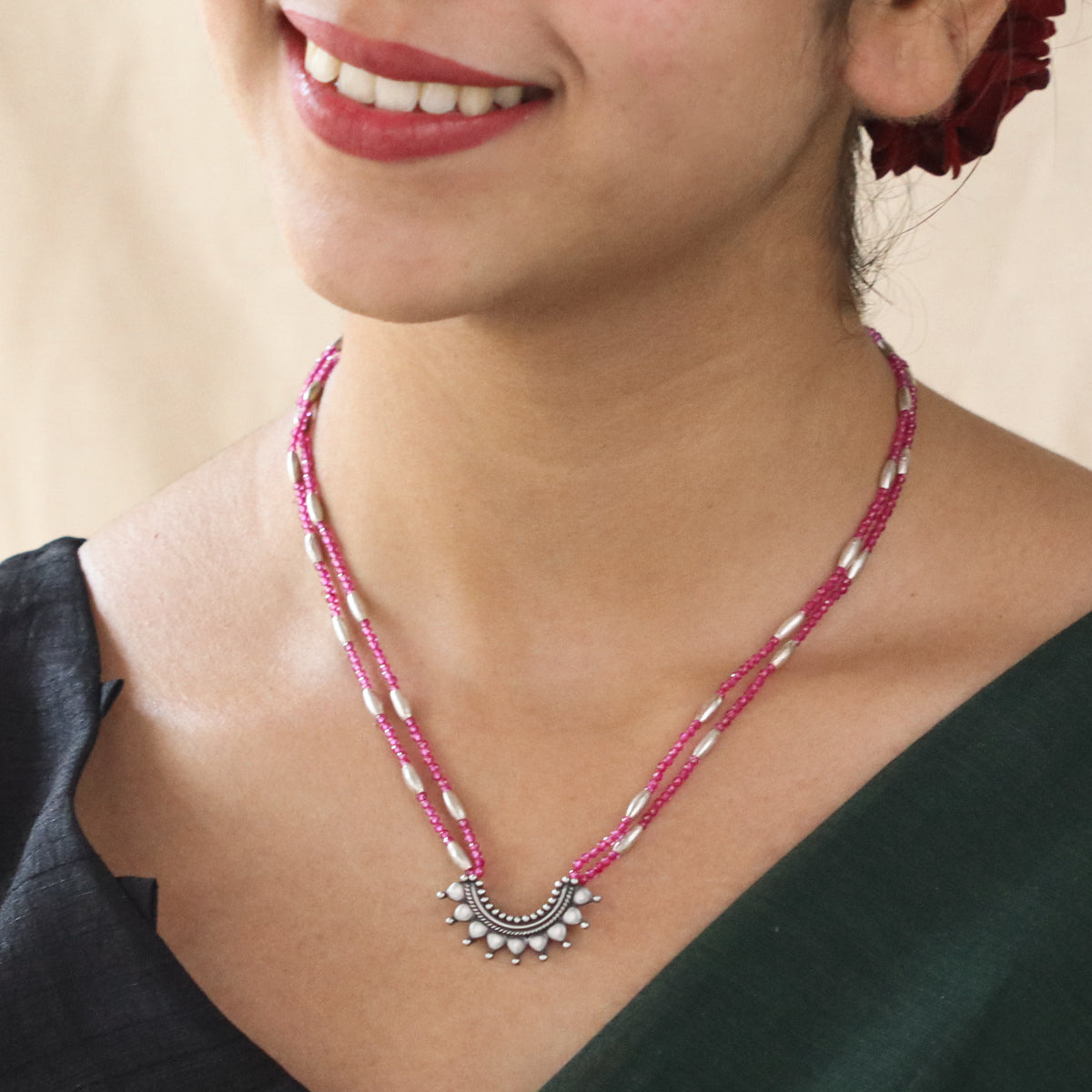 Silver Rice Bead Ghumat Pendant Necklace with Ruby