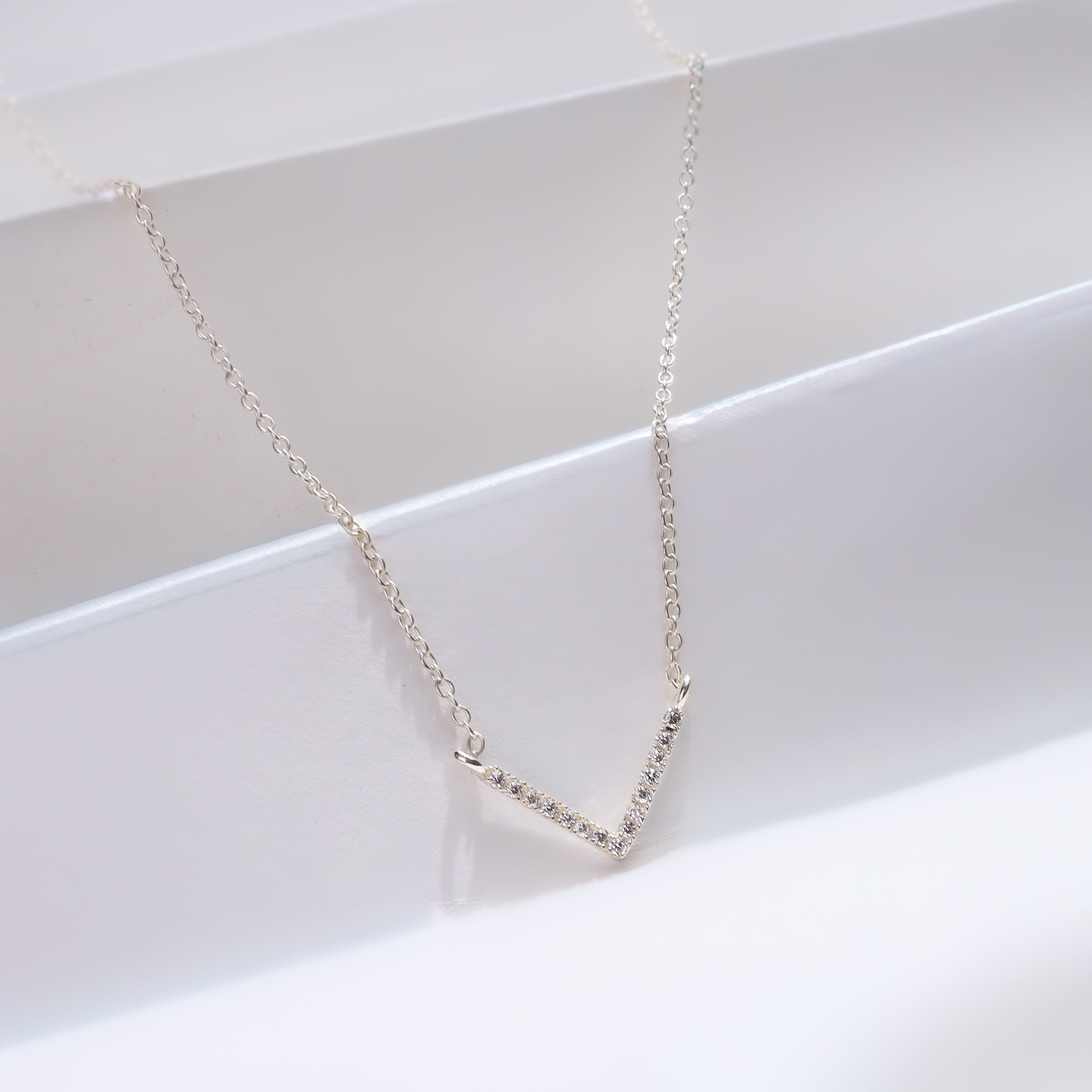 Silver CZ V-Shape Necklace with sparkling stones