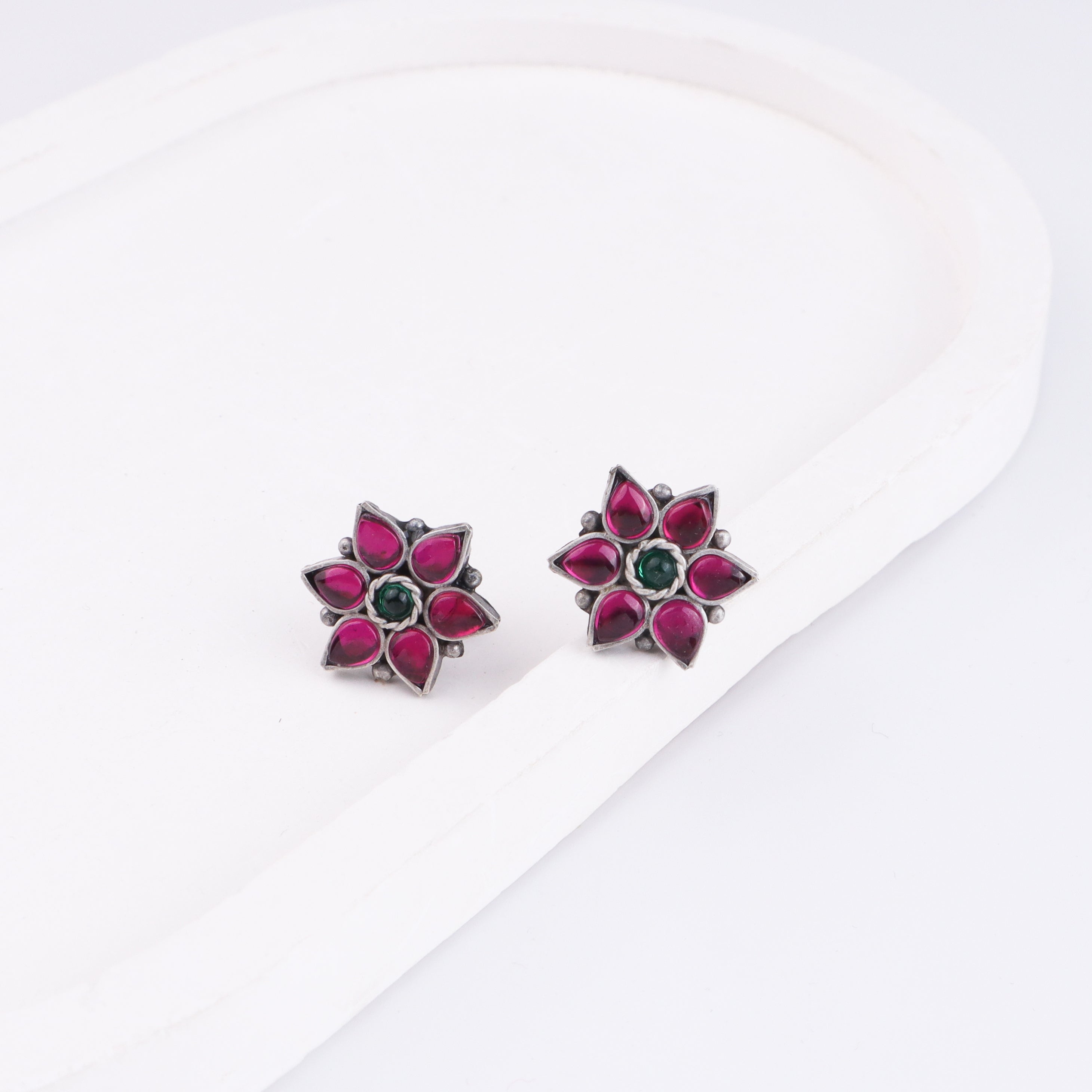 Silver Pink Nakshatra Flower Earring