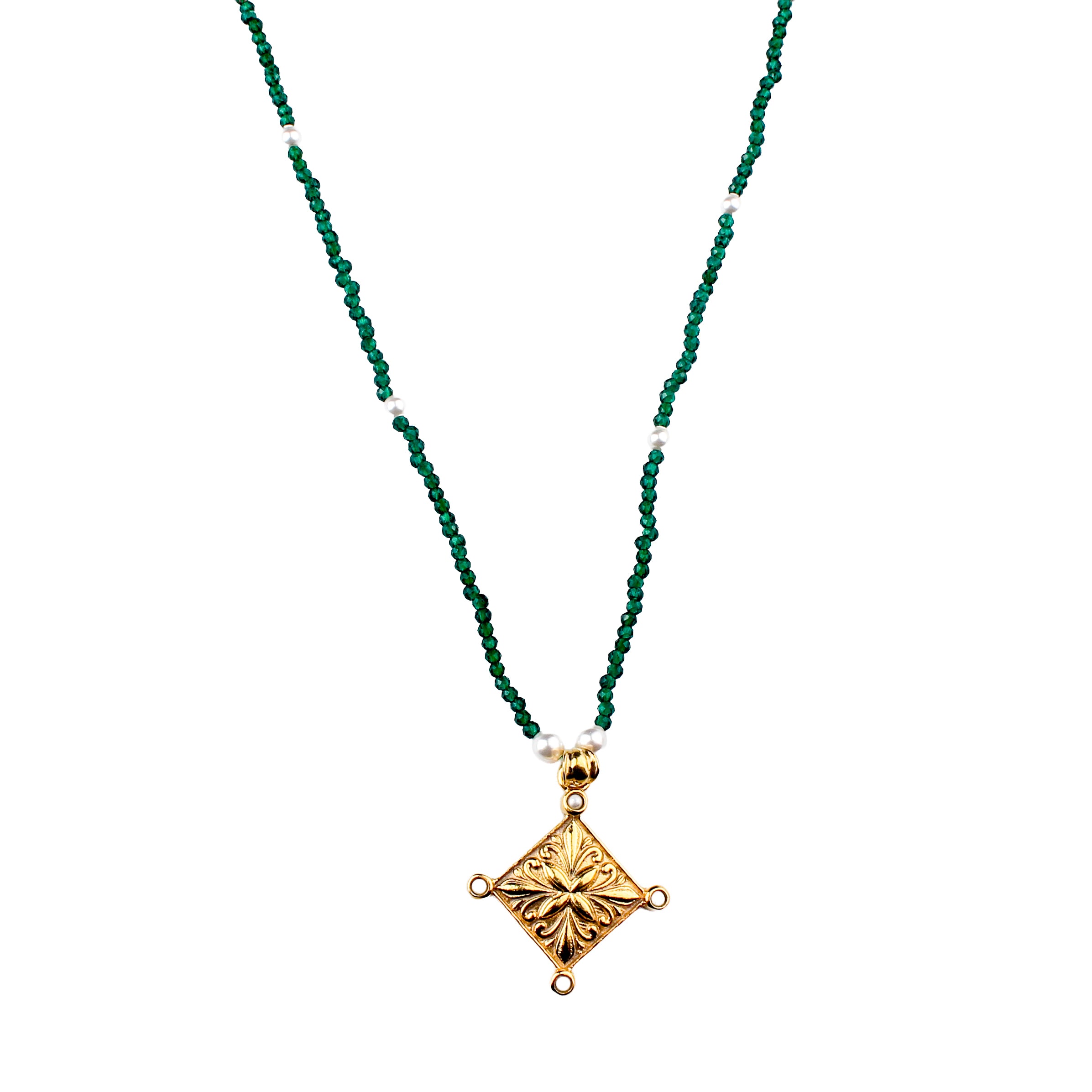 Filigree Galaxy Necklace with Green Onyx & Pearls | 22K Gold-Plated