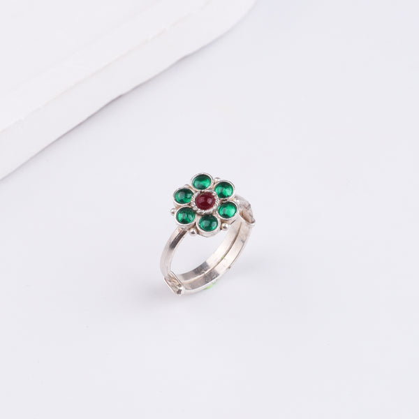 Bageecha Green Flower Ring | 92.5 Silver | Kempu stones