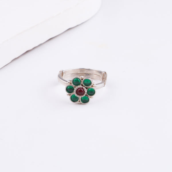 Bageecha Green Flower Ring | 92.5 Silver | Kempu stones