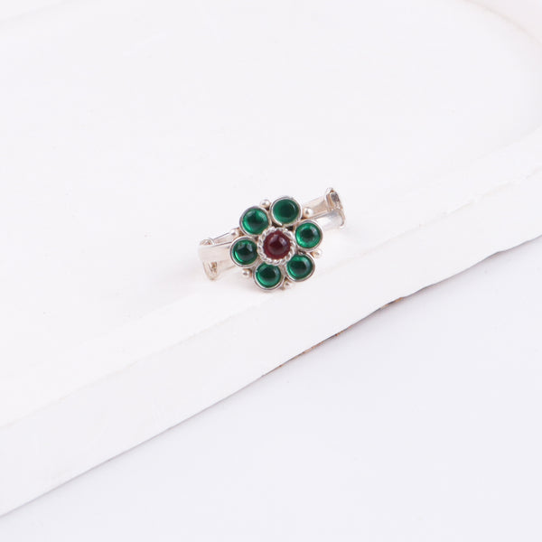 Bageecha Green Flower Ring | 92.5 Silver | Kempu stones
