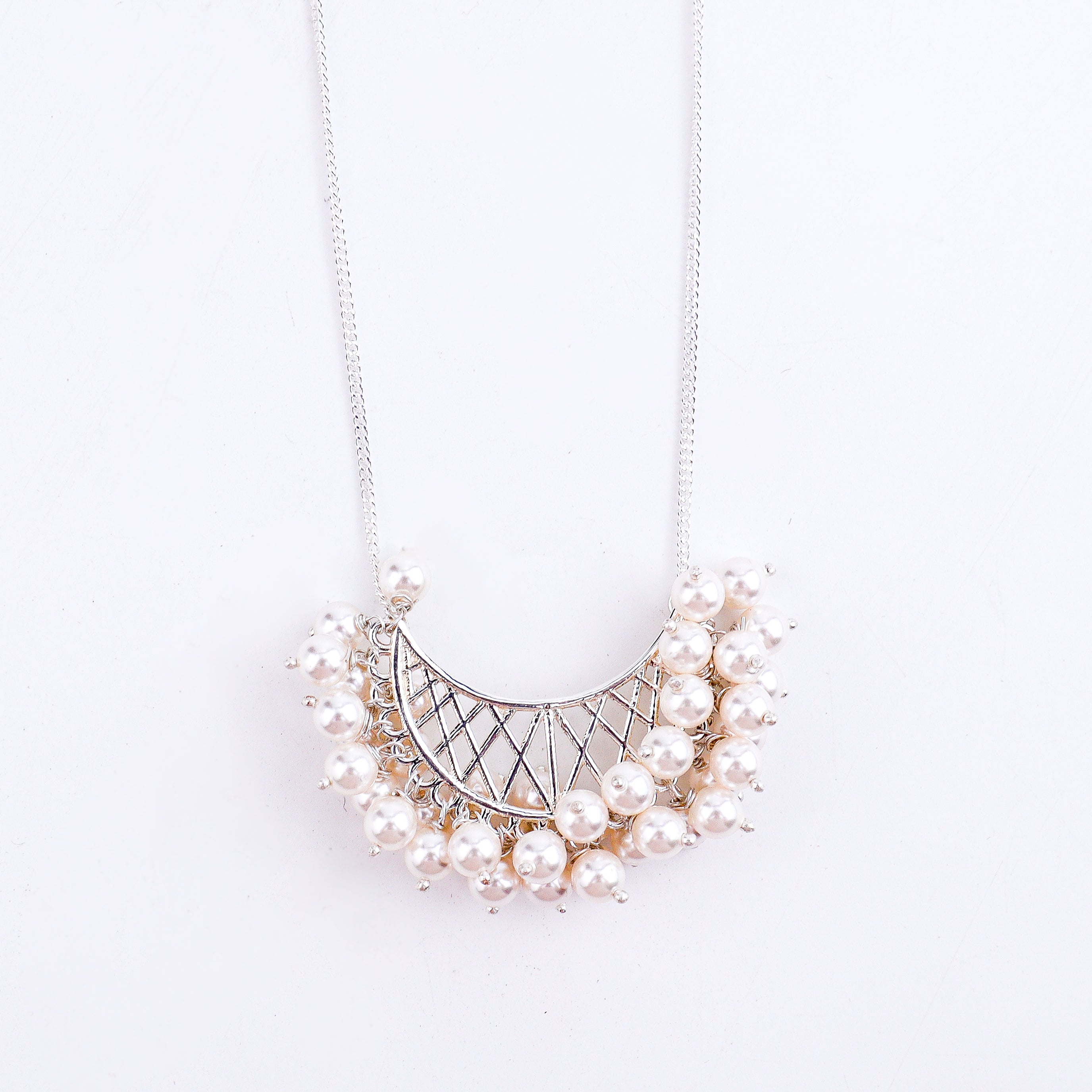 shiny silver crescent filigree pearl necklace