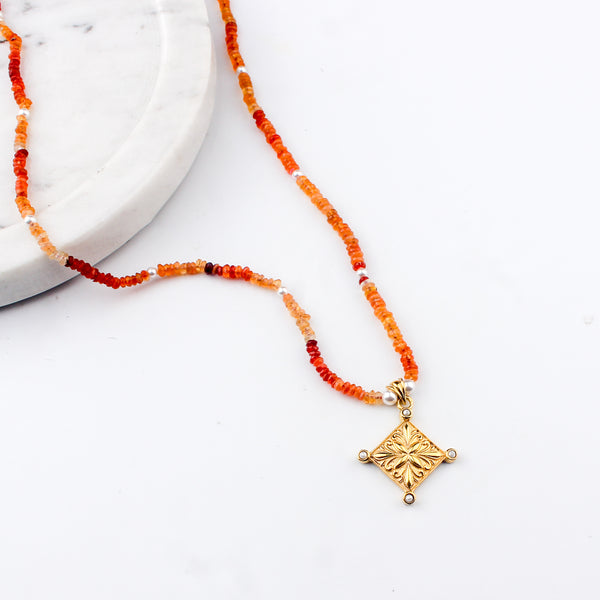 Filigree Galaxy Necklace with Carnelian & Pearls | 22K Gold-Plated