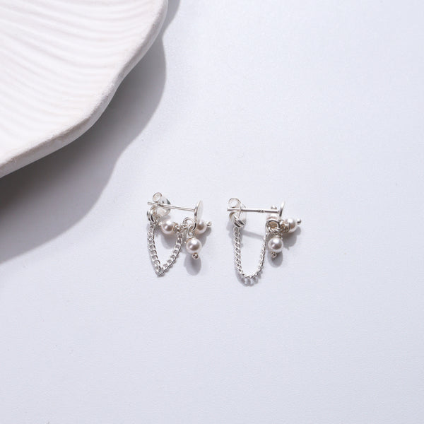Silver pearl earrings with chain and pearl charms for women