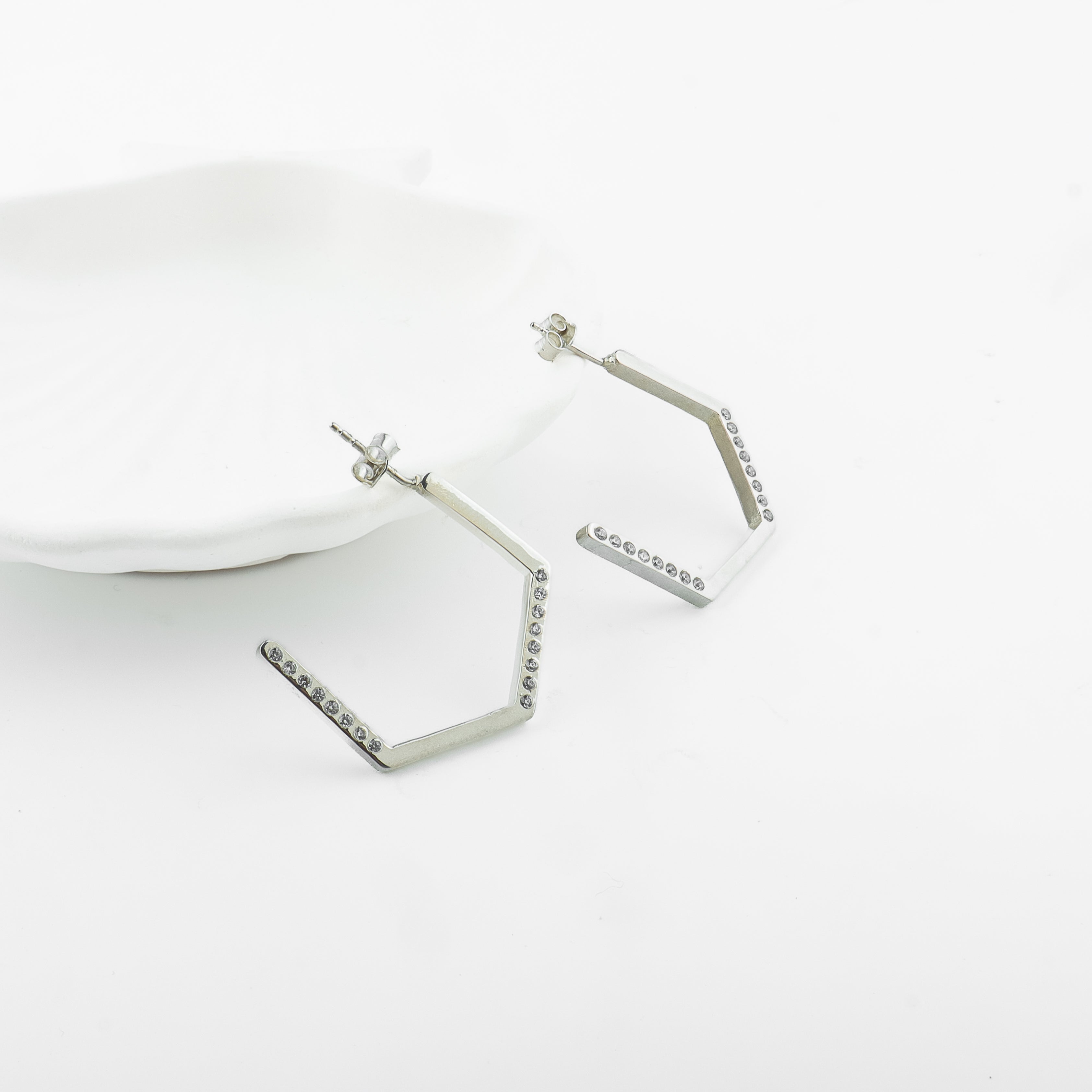Silver Hexagon Shaped Hoops with CZ stones (Big)