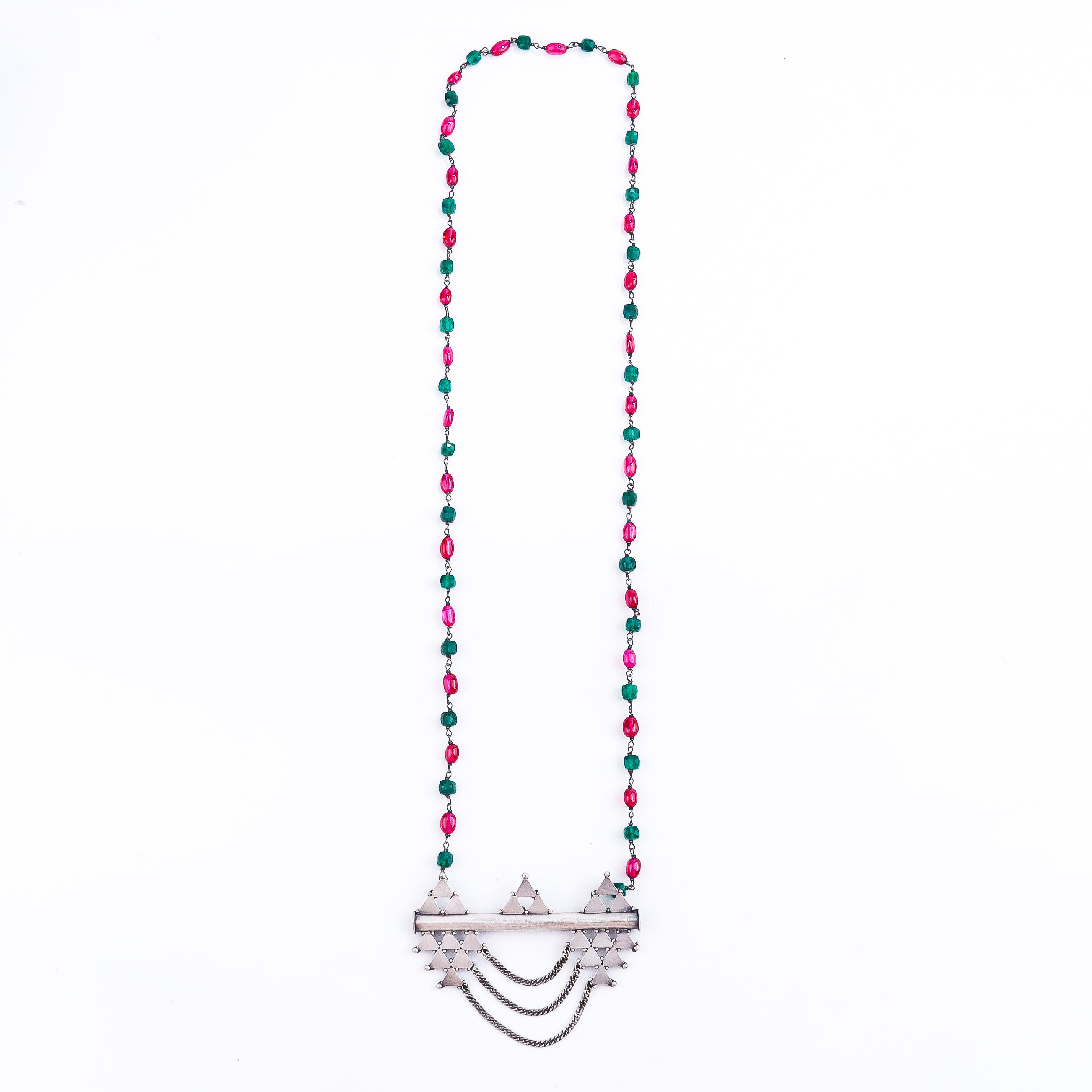 Straight and slant Necklace with Garnets and Green Onyx ( Long Chain Pendant )