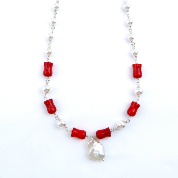 Angled side view of 92.5 silver pearl Ganthan necklace showing layered design and stone settings