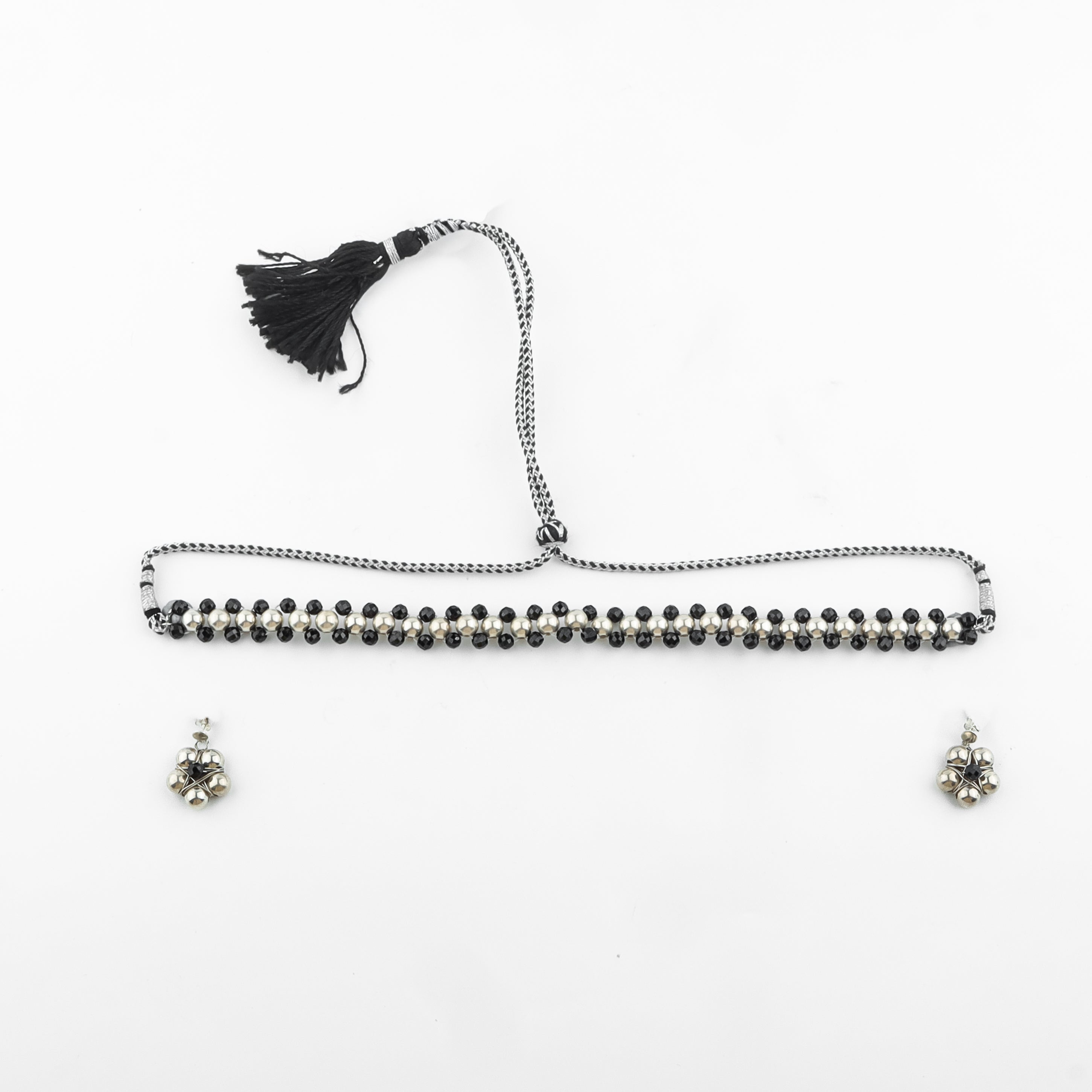 Silver Bead Thushi Set with black Spinel