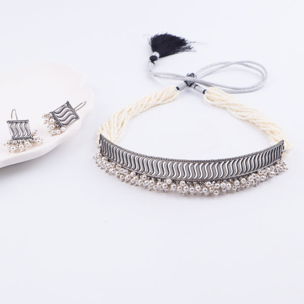 Wave Filigree Choker Set with Pearls
