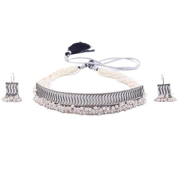 Wave Filigree Choker Set with Pearls