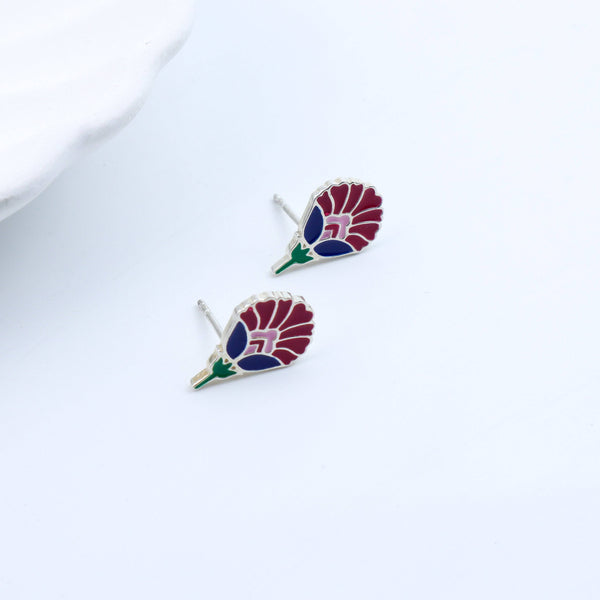Enamel flower earrings with colorful floral design in silver setting