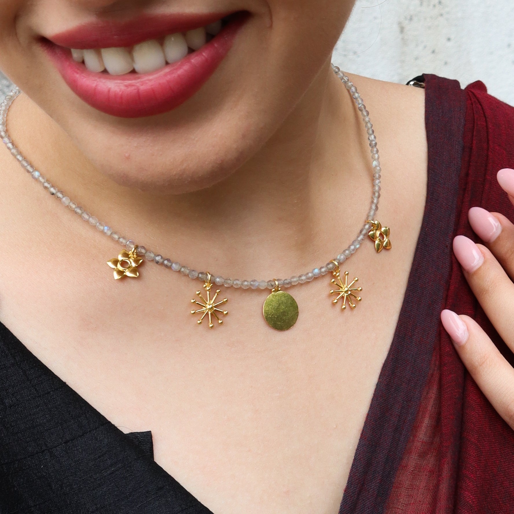 5 Charm Necklace with Labradorite Stones | 92.5 Silver | 22K Gold Plated