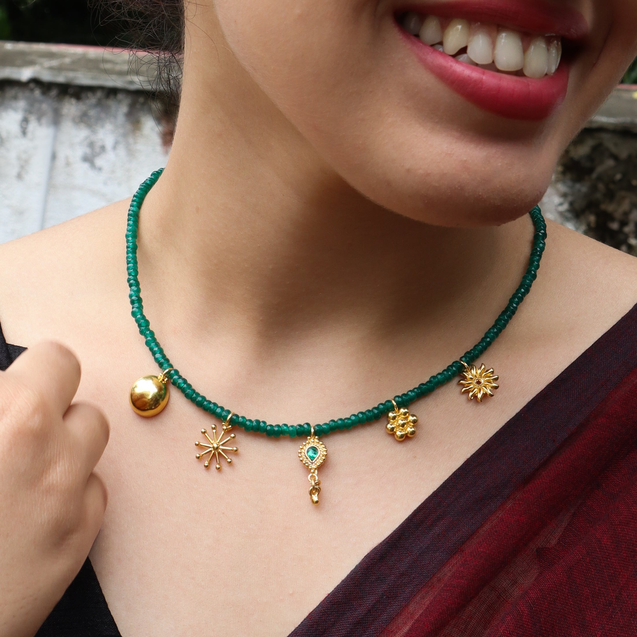 5 Charm Necklace with Green Onyx Stones | 92.5 Silver | 22K Gold Plated