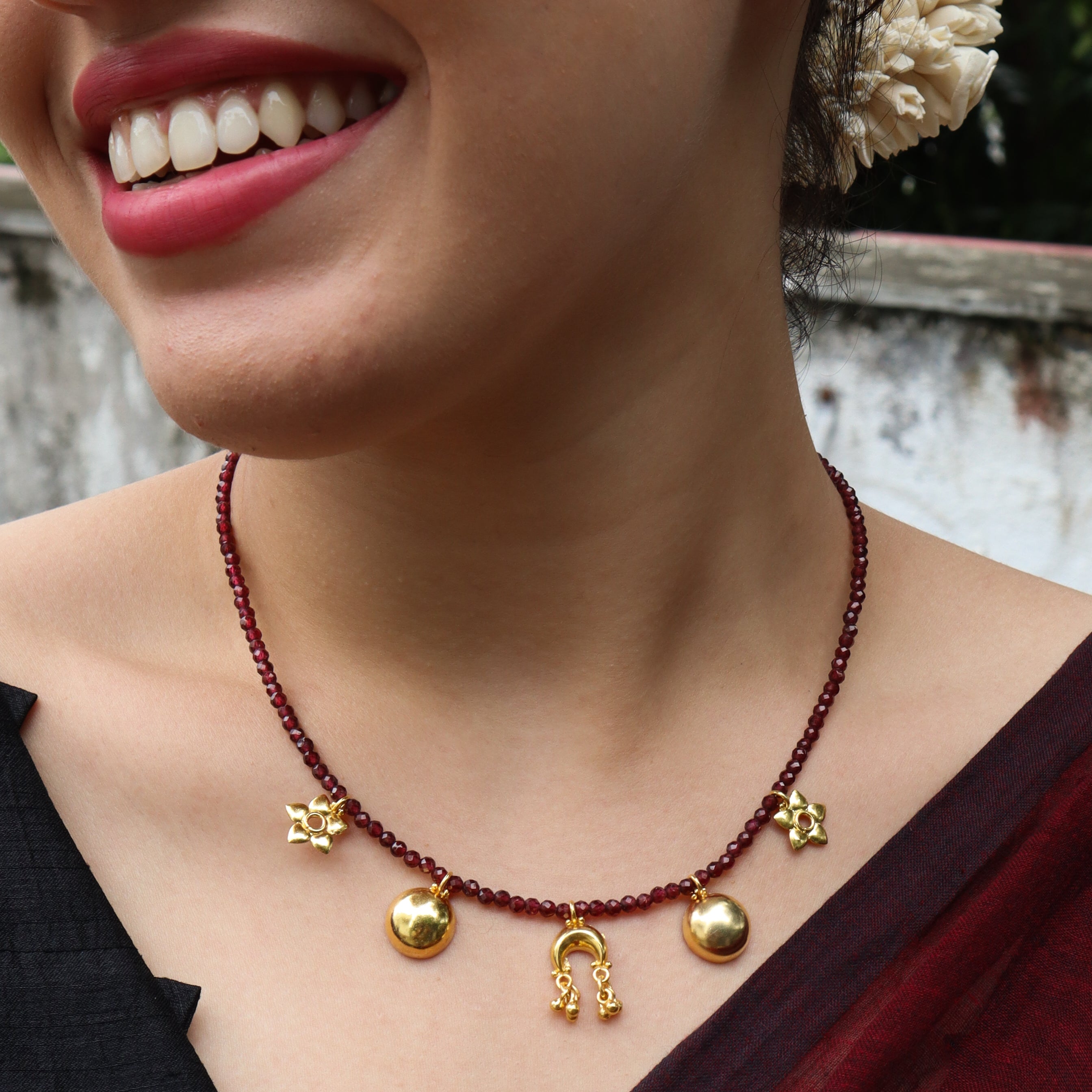 5 Charm Necklace with Garnet Stones | 92.5 Silver | 22K Gold Plated