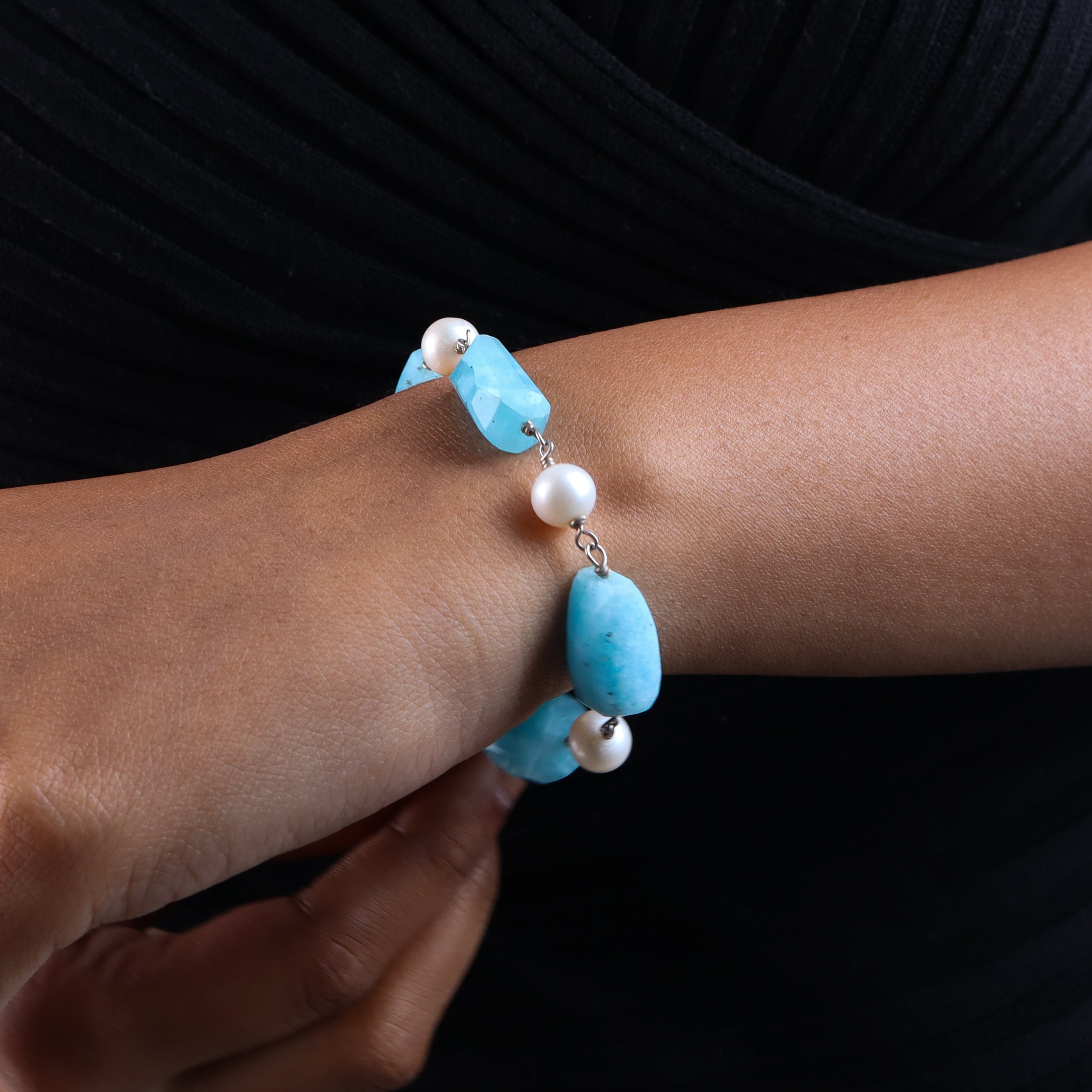 Silver Bracelet with Fresh Water Pearls and Semiprecious Stones