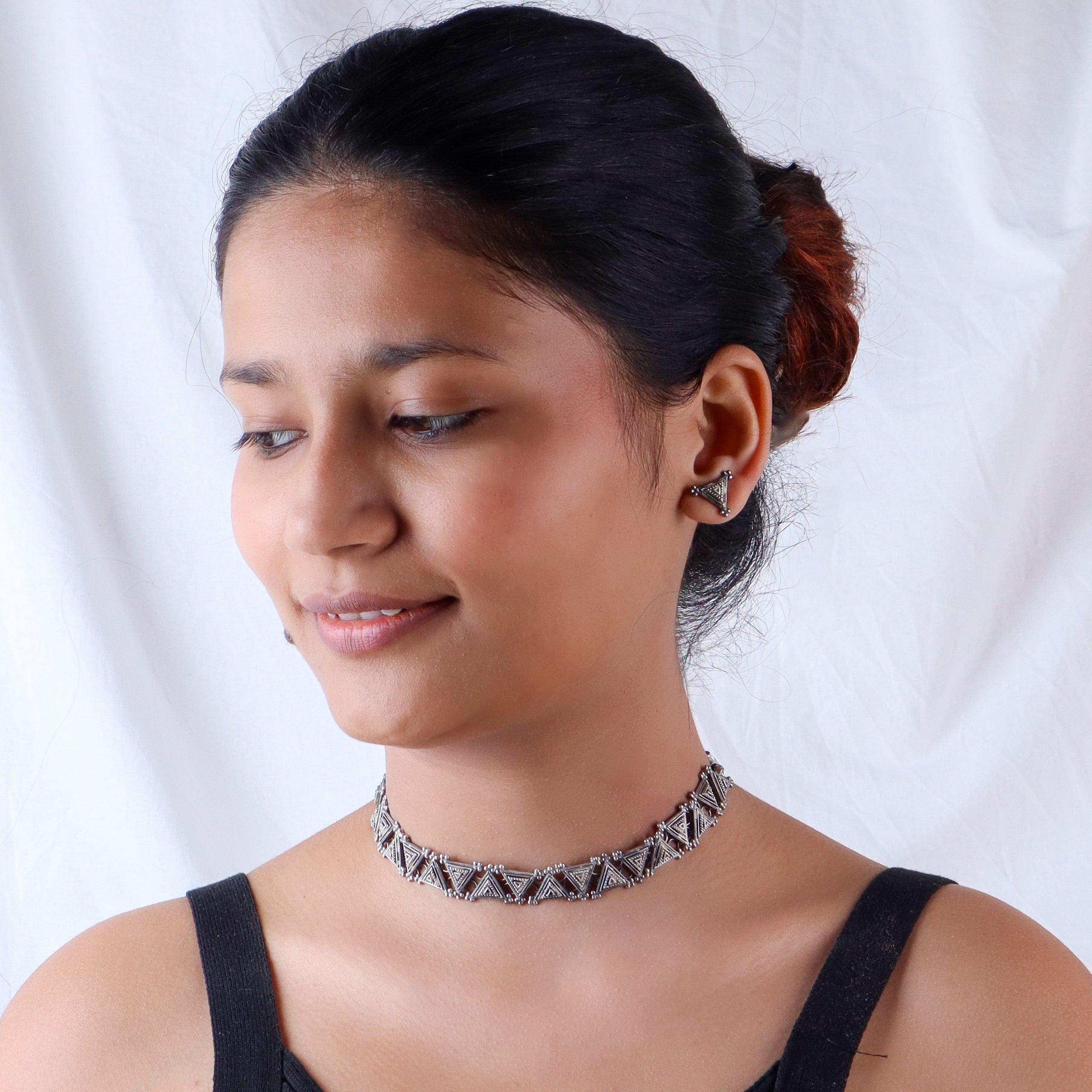 Silver Oxidised Triangle Choker with Earrings