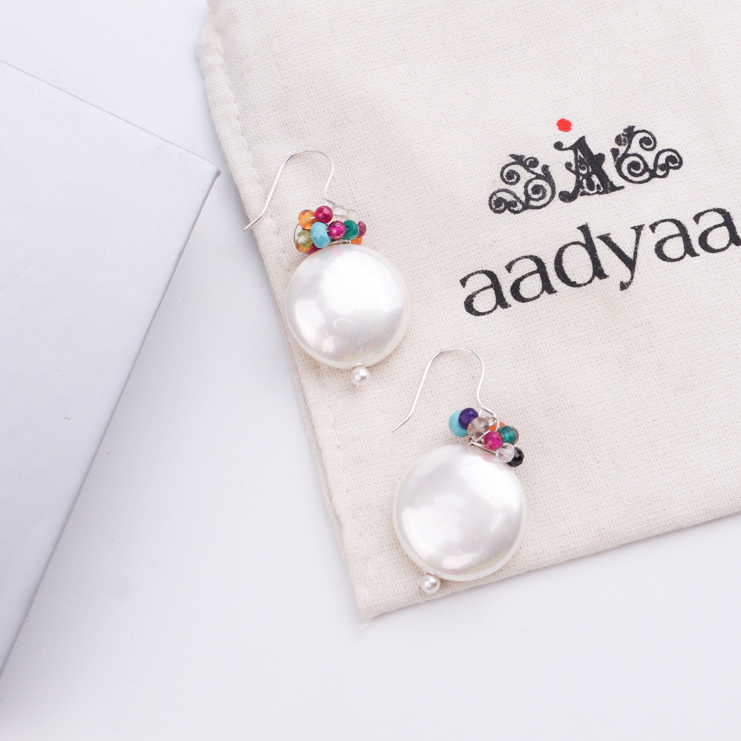 Coin Pearl Silver Earrings with Multicolor Stones (Project Handmade)