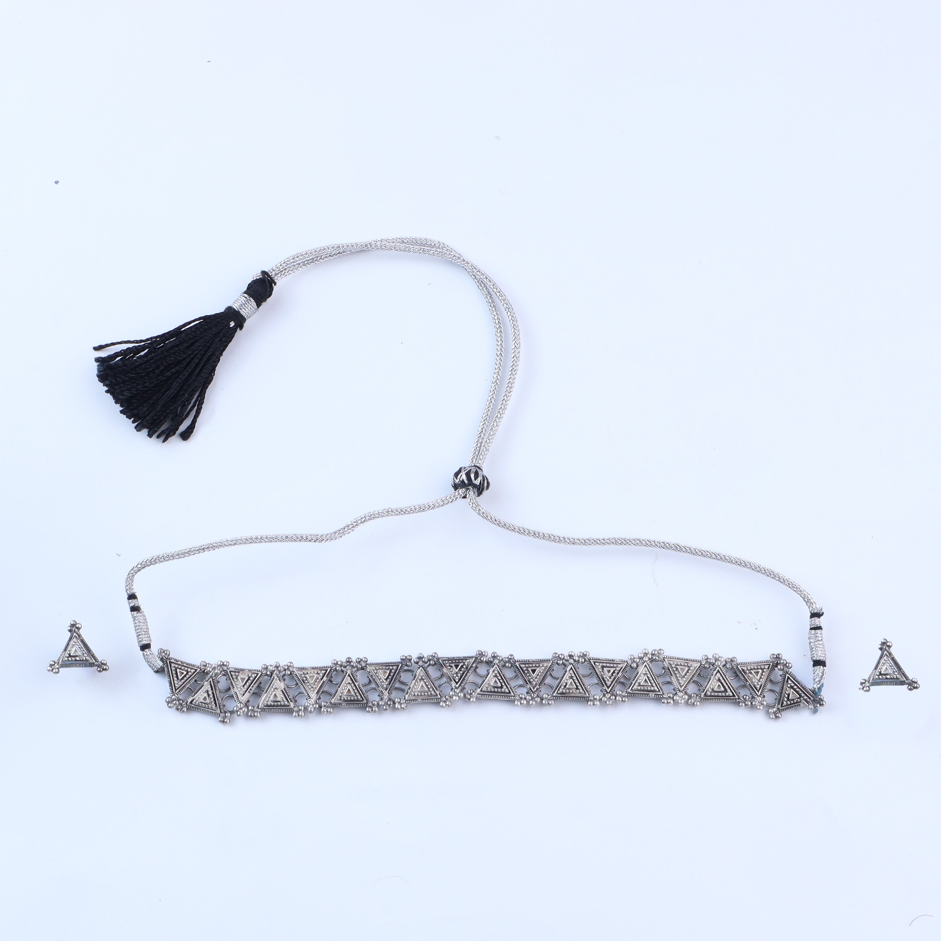Silver Oxidised Triangle Choker with Earrings