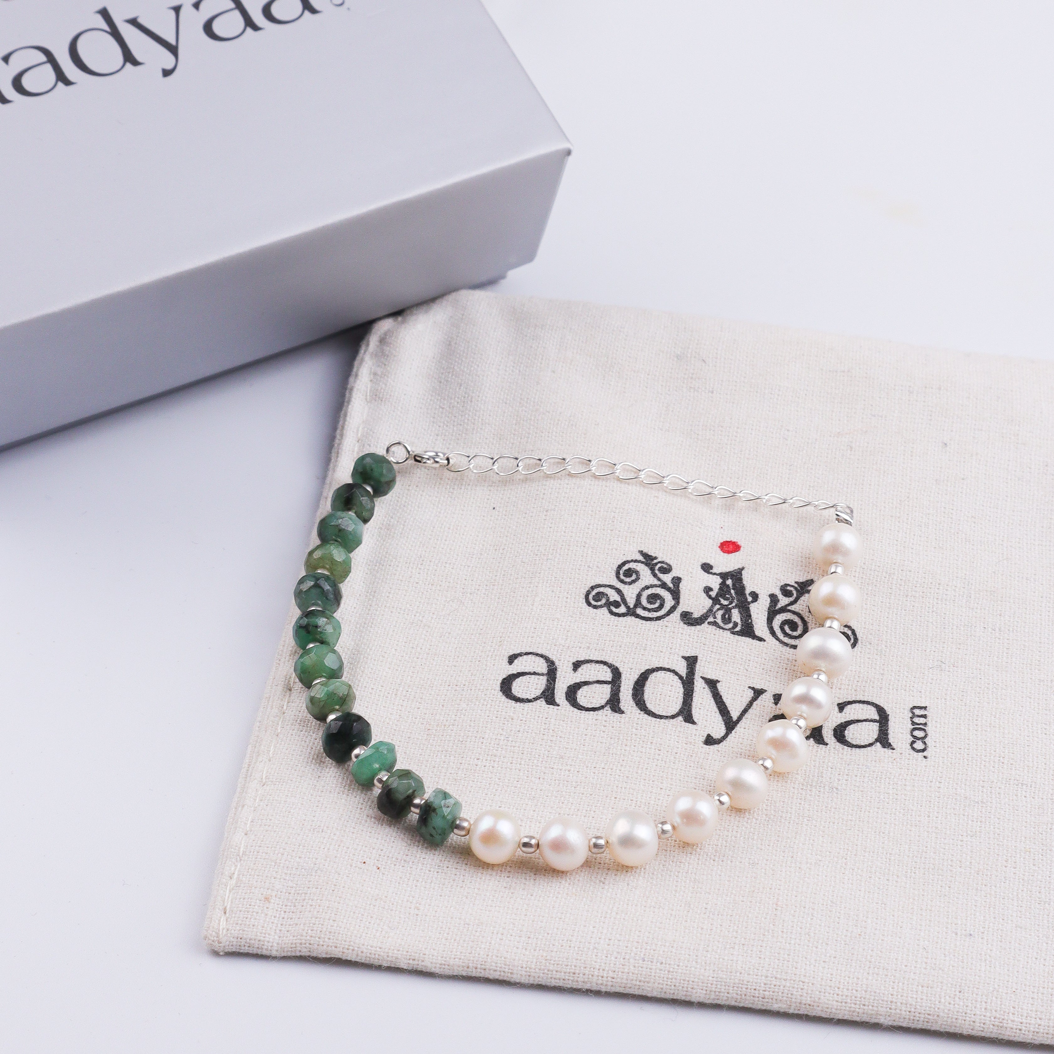 Emerald & Freshwater Pearl Silver Bracelet (Project Handmade)