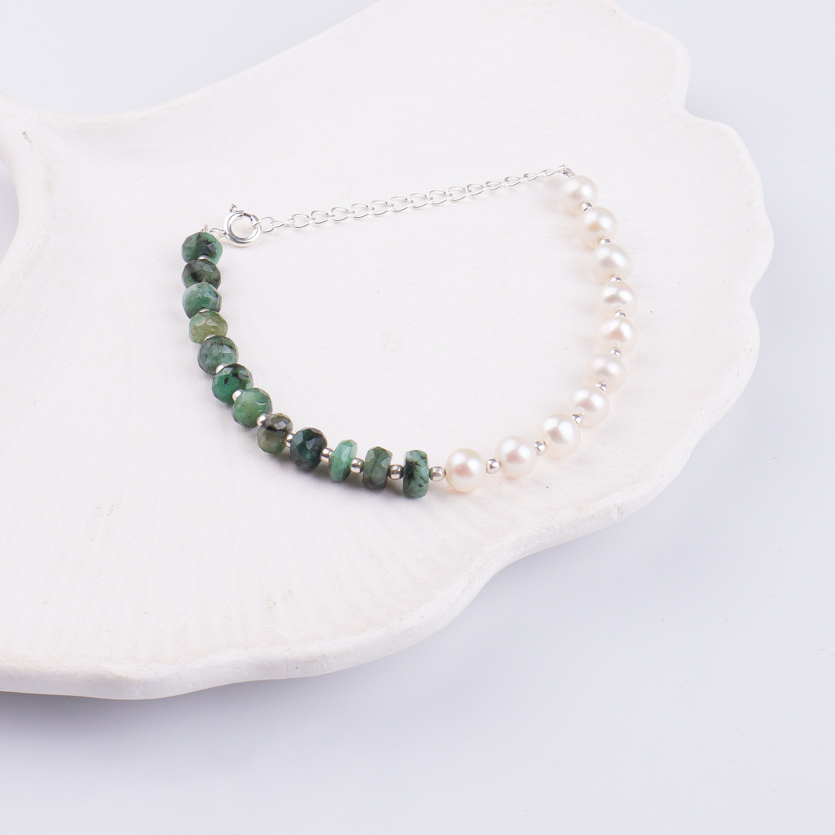 Emerald & Freshwater Pearl Silver Bracelet (Project Handmade)