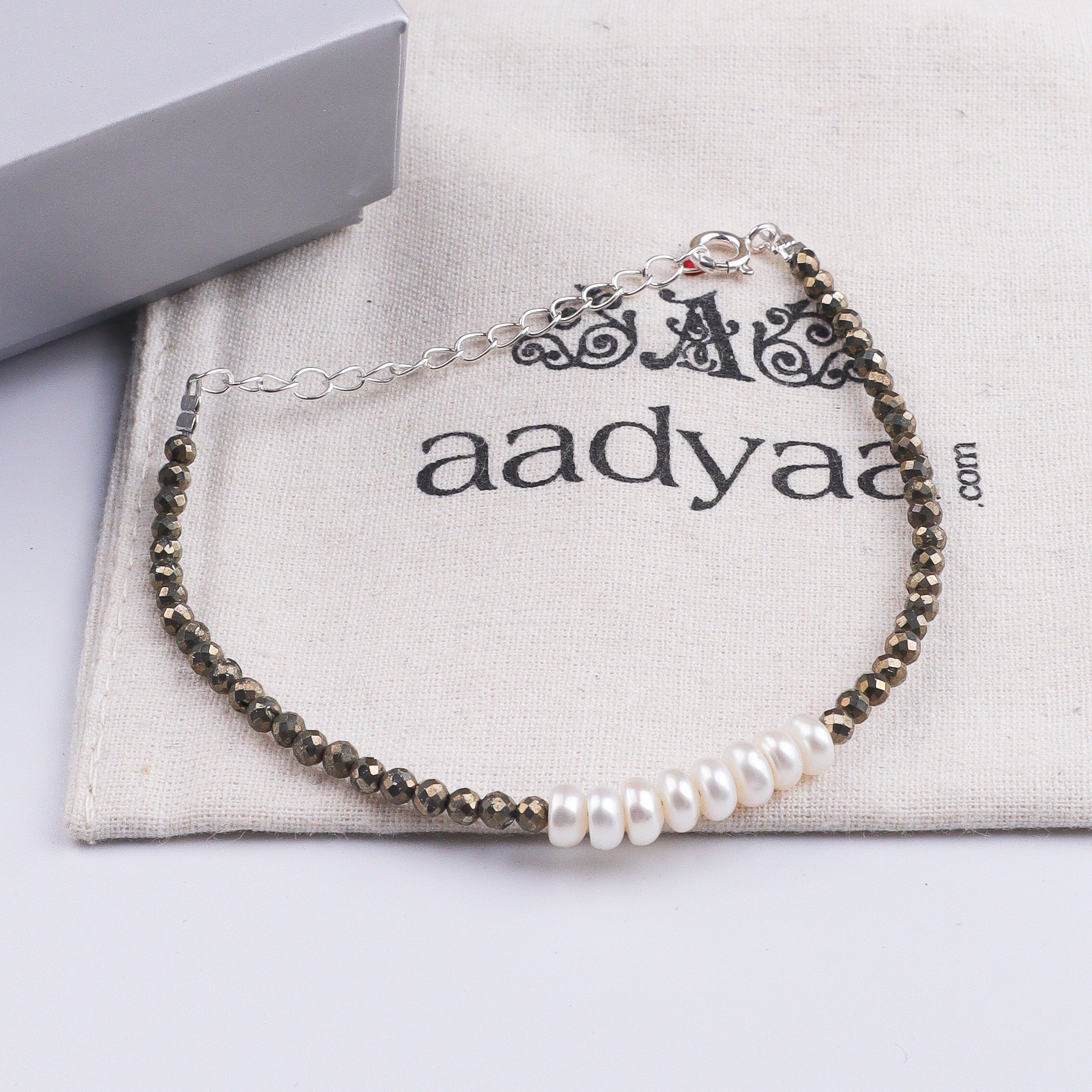 Pyrite & Freshwater Pearl Silver Bracelet (Project Handmade)