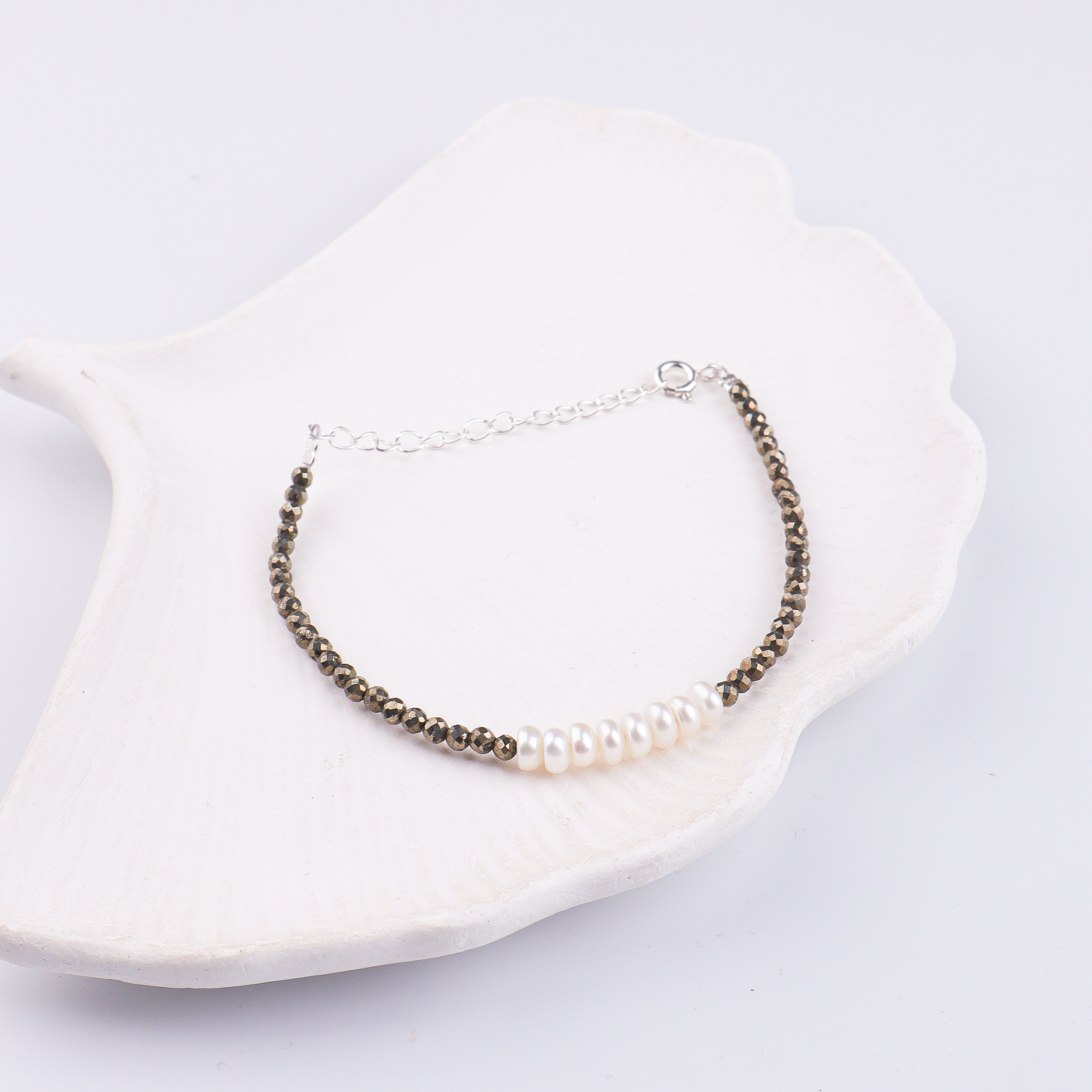 Pyrite & Freshwater Pearl Silver Bracelet (Project Handmade)