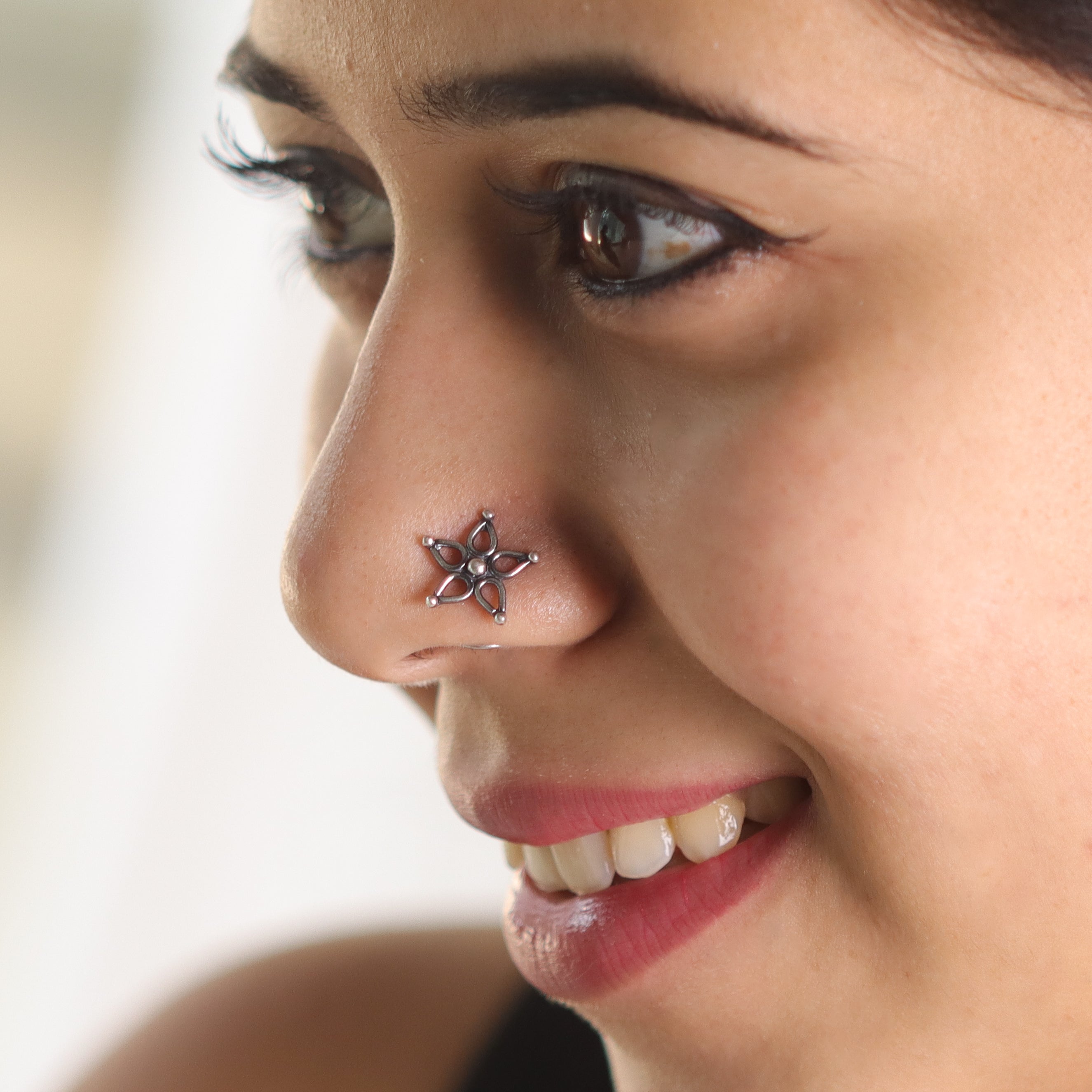 Handmade Silver Flower Nosepin (Pierced) - 5 Petals
