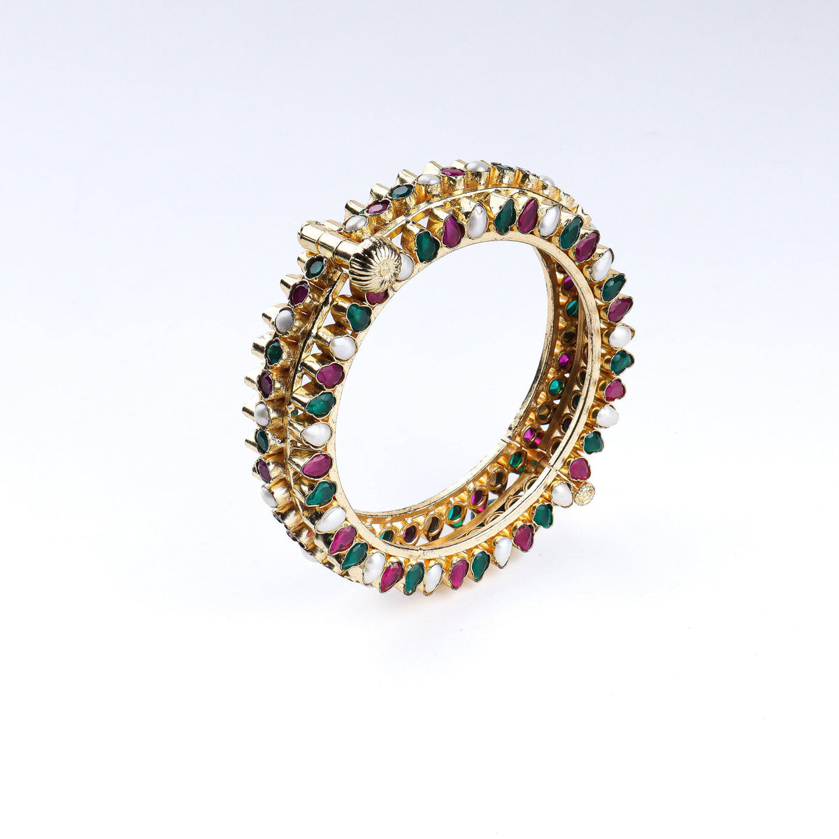 Angled view of 22K gold-plated fashion bangle (Single) highlighting its elegant structure and polished gold finish