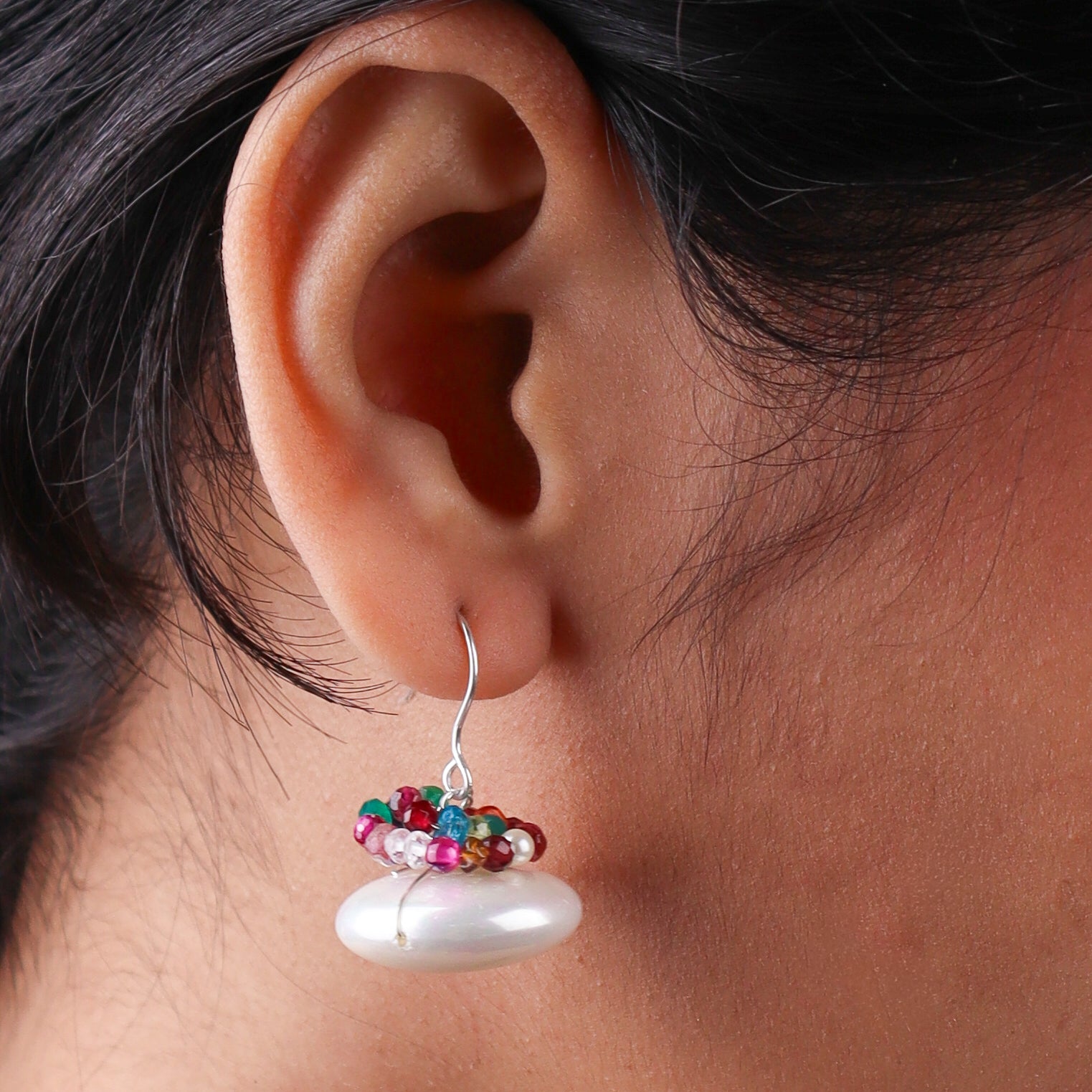 Silver Coin Pearl Earrings with Multicolor Stones (Project Handmade)