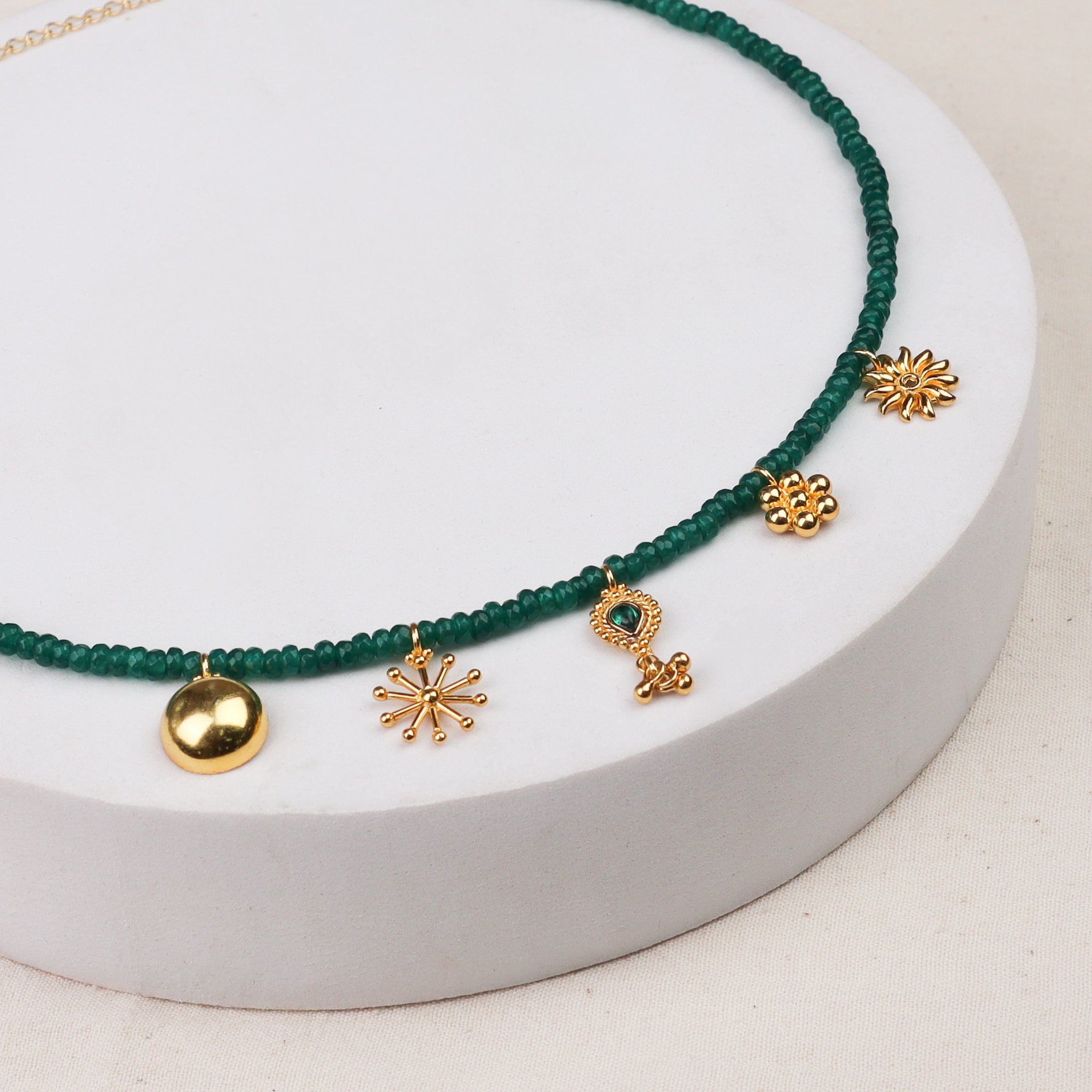 5 Charm Necklace with Green Onyx Stones | 92.5 Silver | 22K Gold Plated