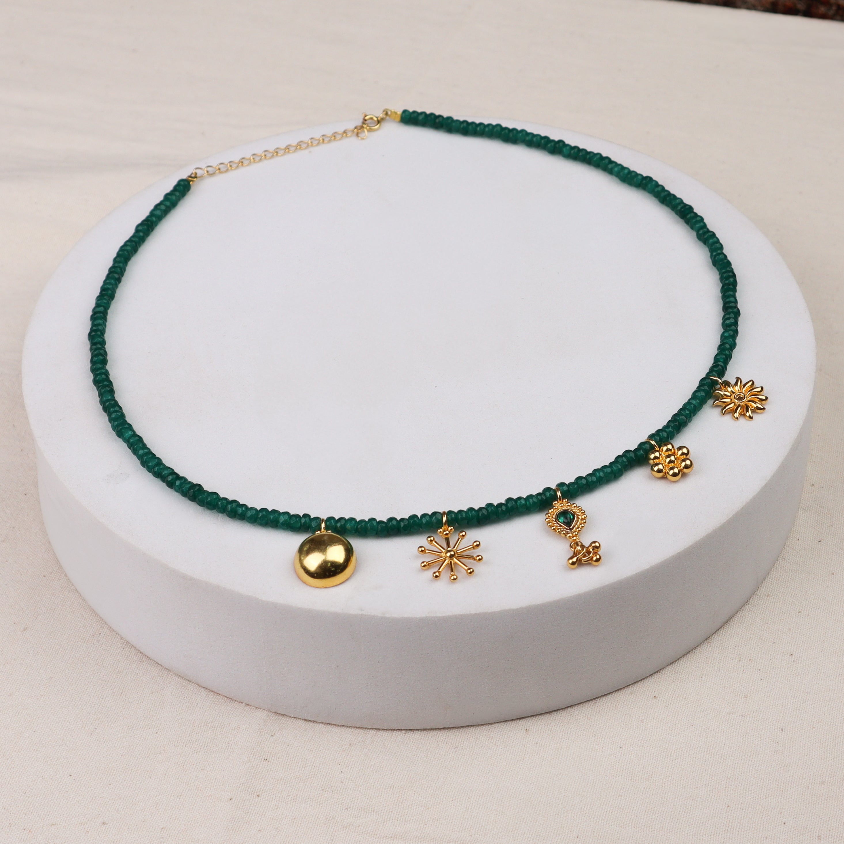 5 Charm Necklace with Green Onyx Stones | 92.5 Silver | 22K Gold Plated
