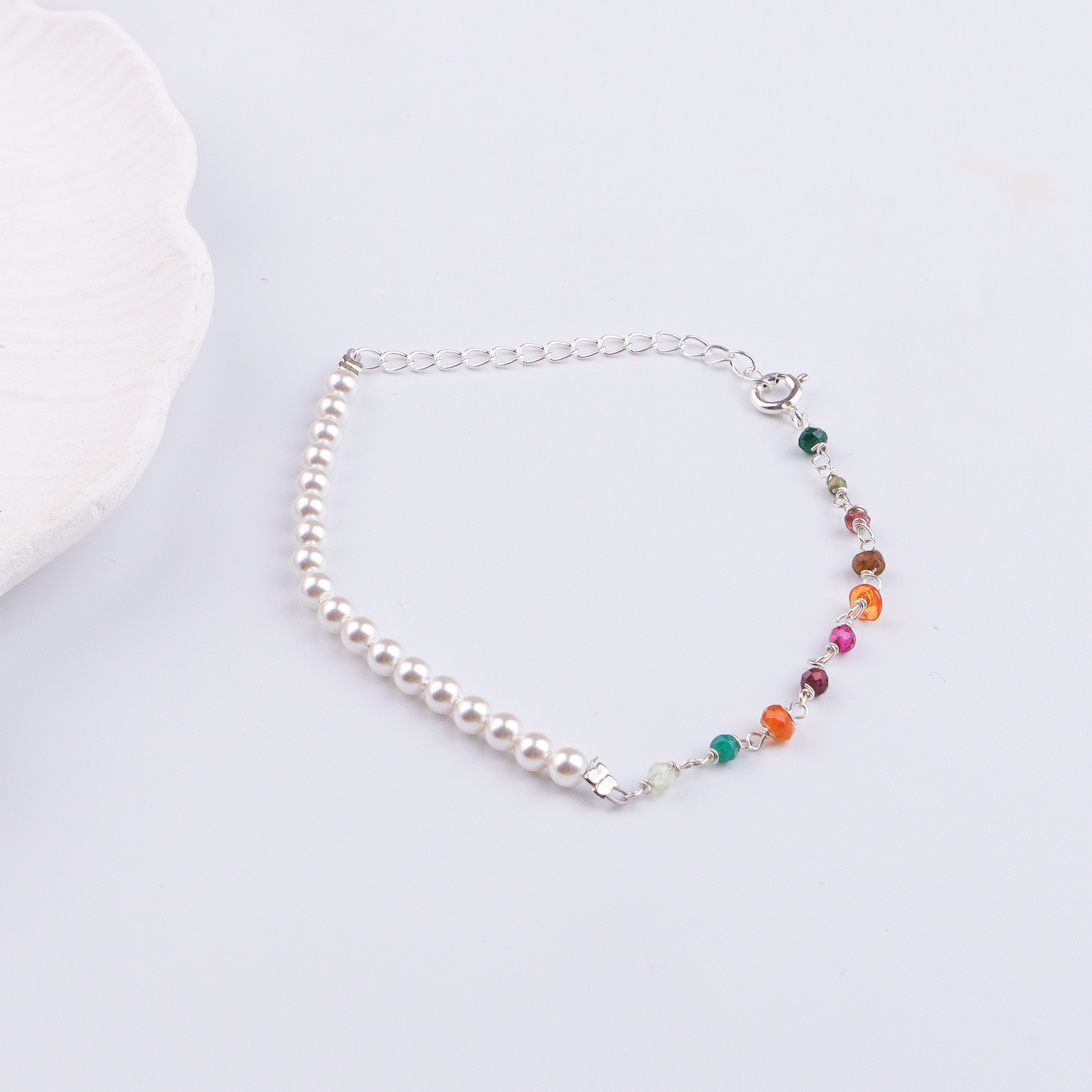 Multicolor Stone & Pearl Silver Bracelet (Project Handmade)