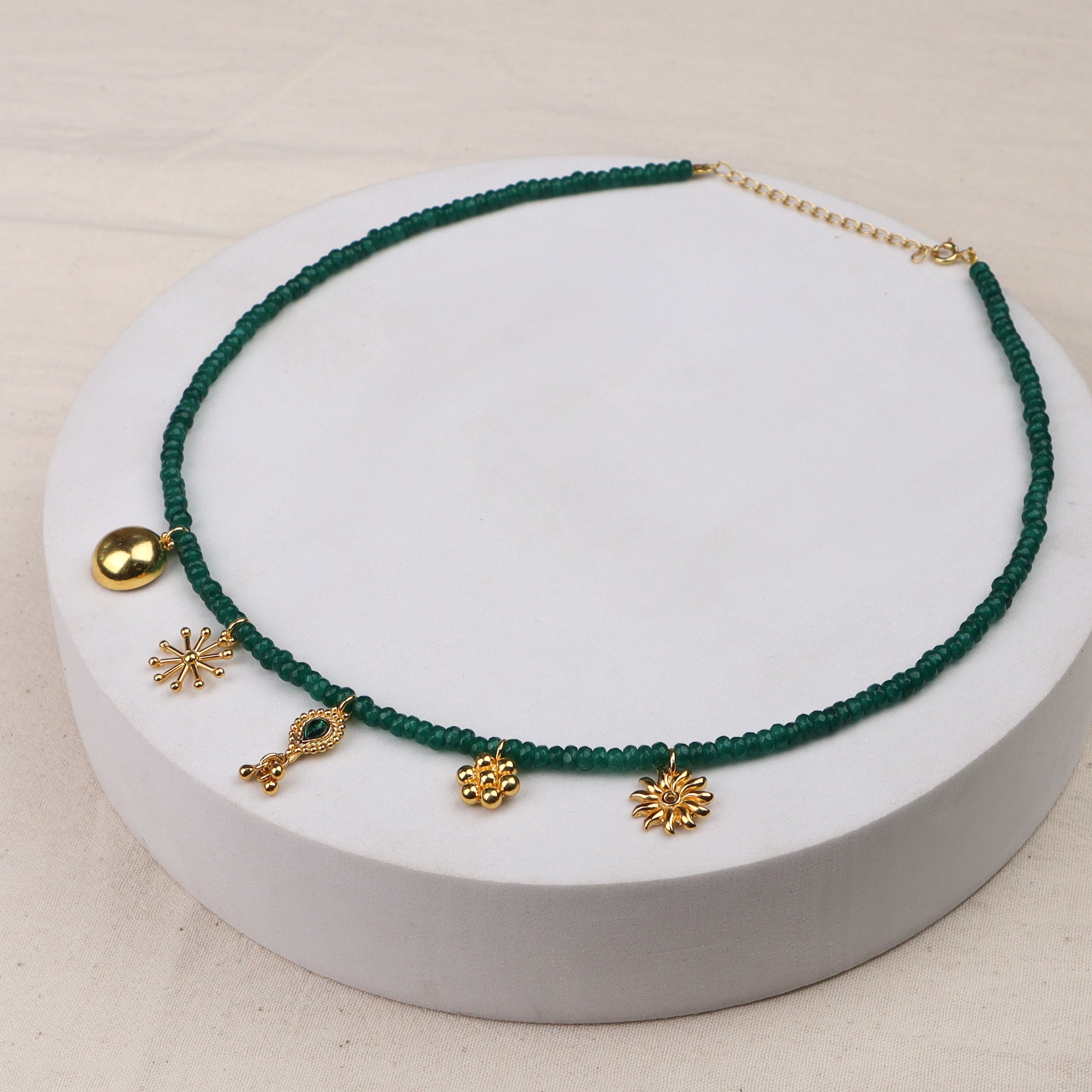 5 Charm Necklace with Green Onyx Stones | 92.5 Silver | 22K Gold Plated