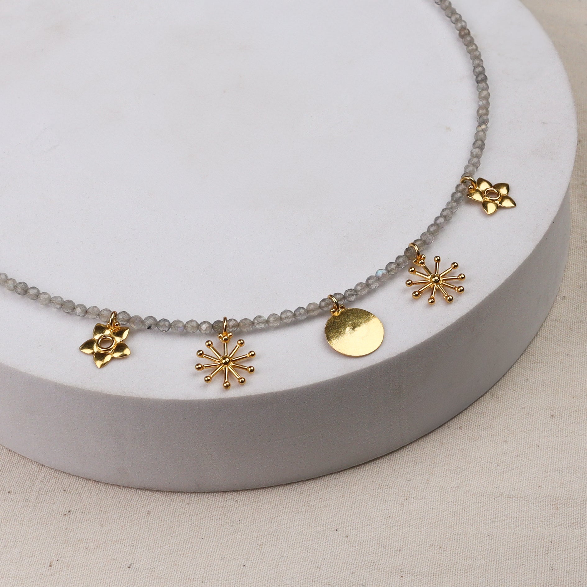 5 Charm Necklace with Labradorite Stones | 92.5 Silver | 22K Gold Plated