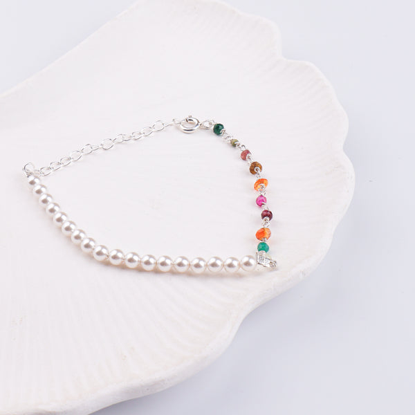 Multicolor Stone & Pearl Silver Bracelet (Project Handmade)