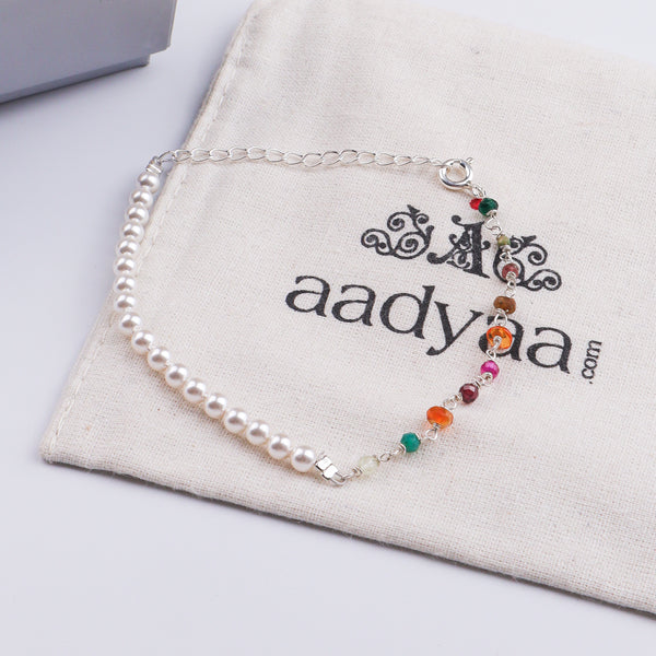 Multicolor Stone & Pearl Silver Bracelet (Project Handmade)