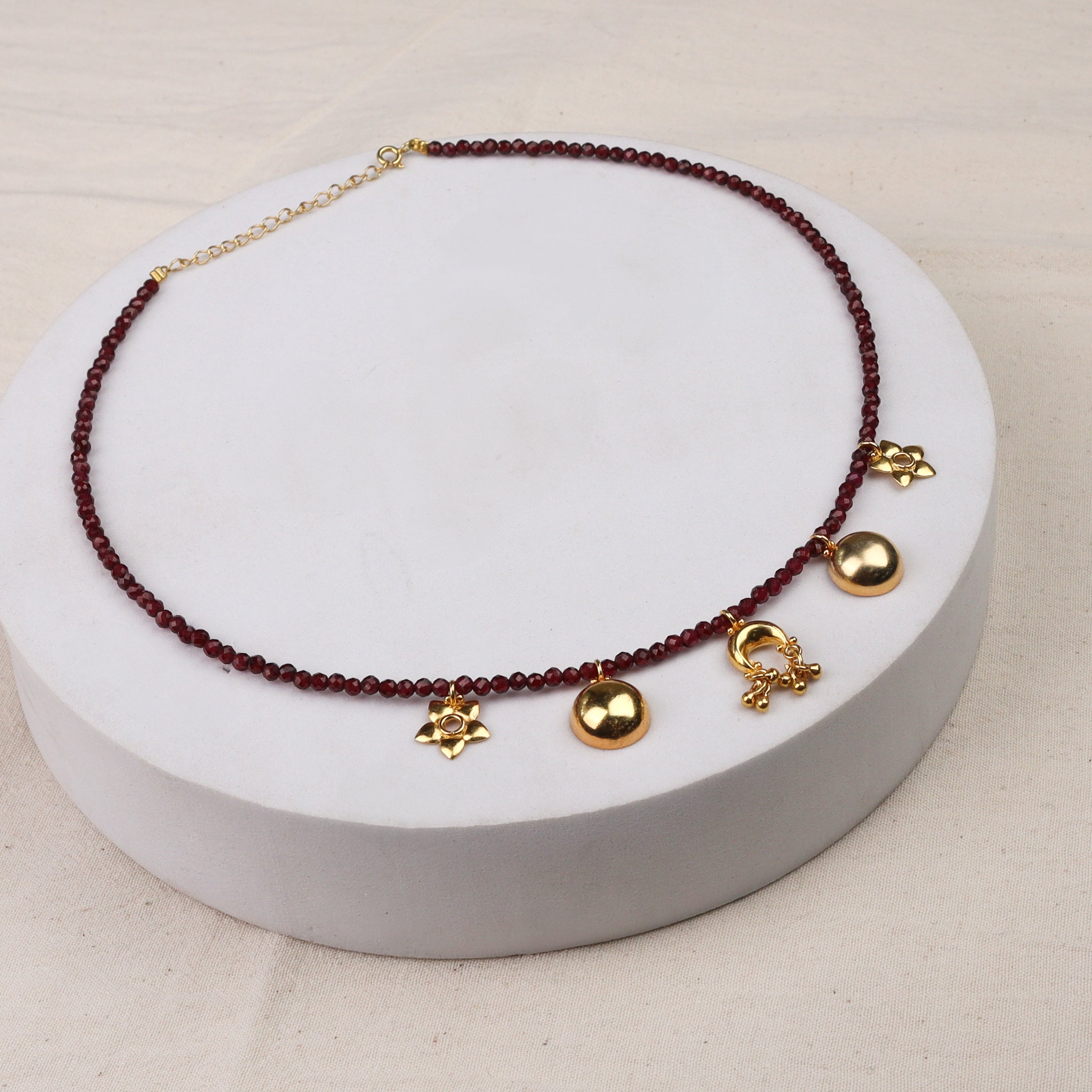 5 Charm Necklace with Garnet Stones | 92.5 Silver | 22K Gold Plated