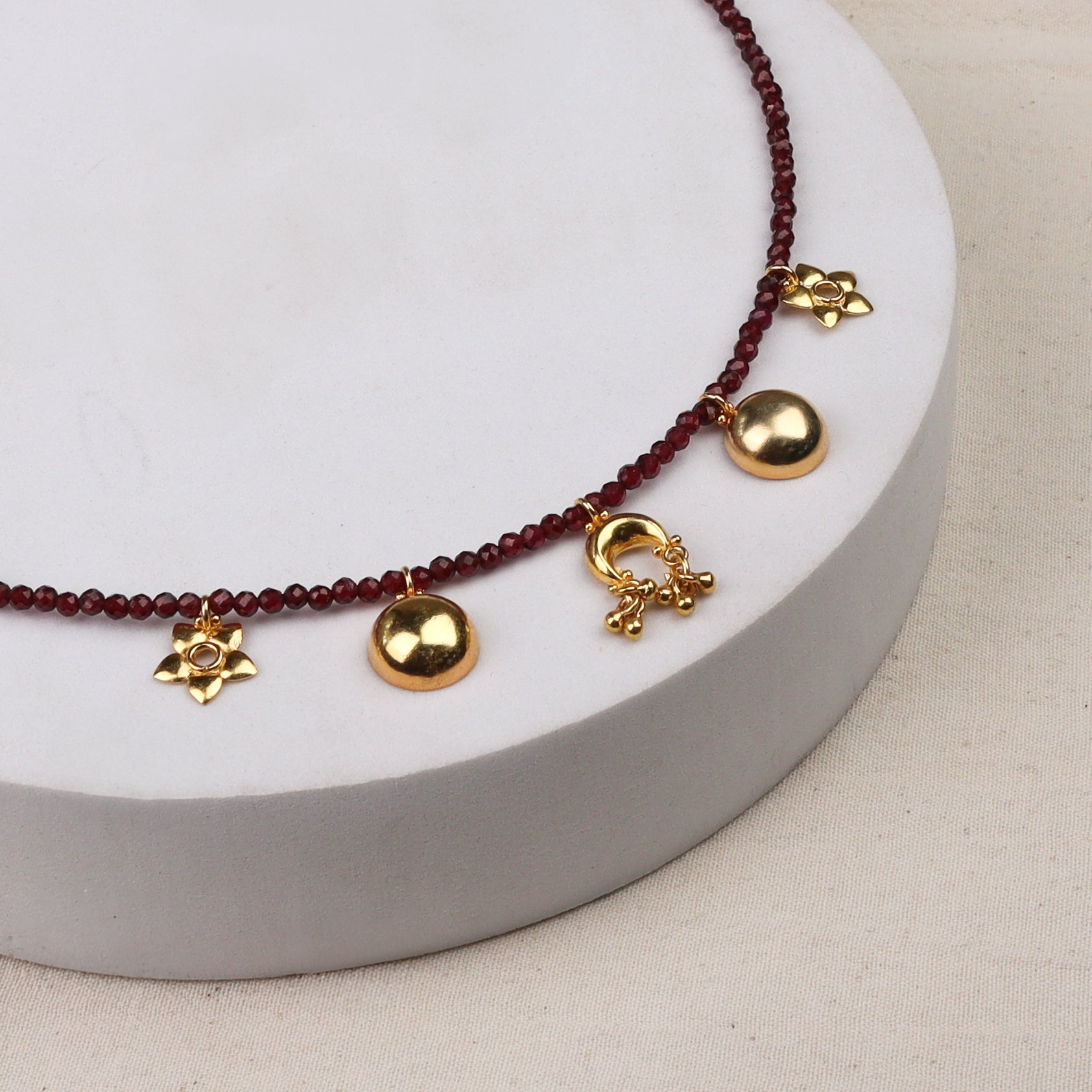 5 Charm Necklace with Garnet Stones | 92.5 Silver | 22K Gold Plated