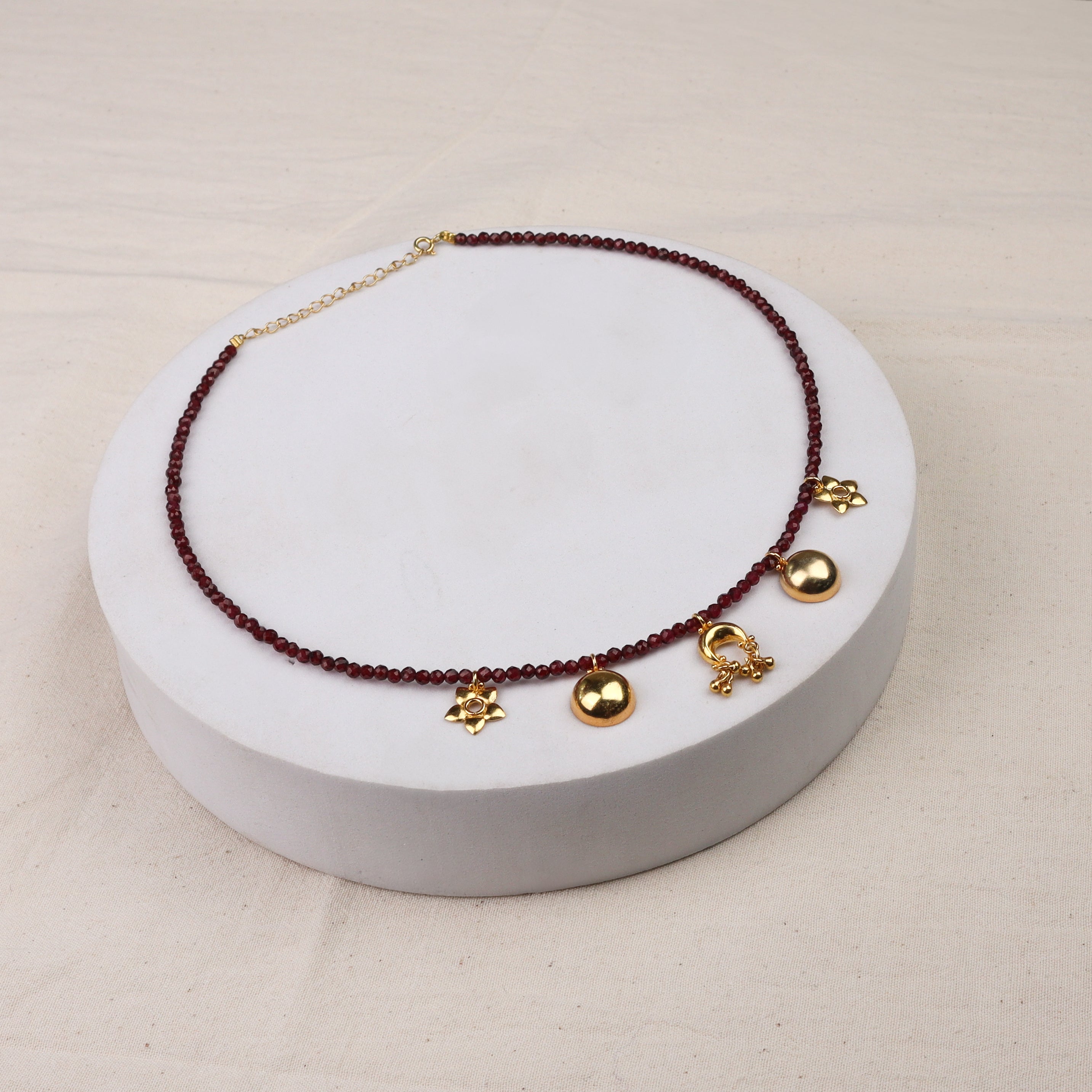 5 Charm Necklace with Garnet Stones | 92.5 Silver | 22K Gold Plated