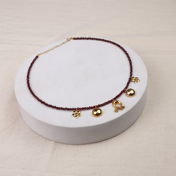 5 Charm Necklace with Garnet Stones | 92.5 Silver | 22K Gold Plated