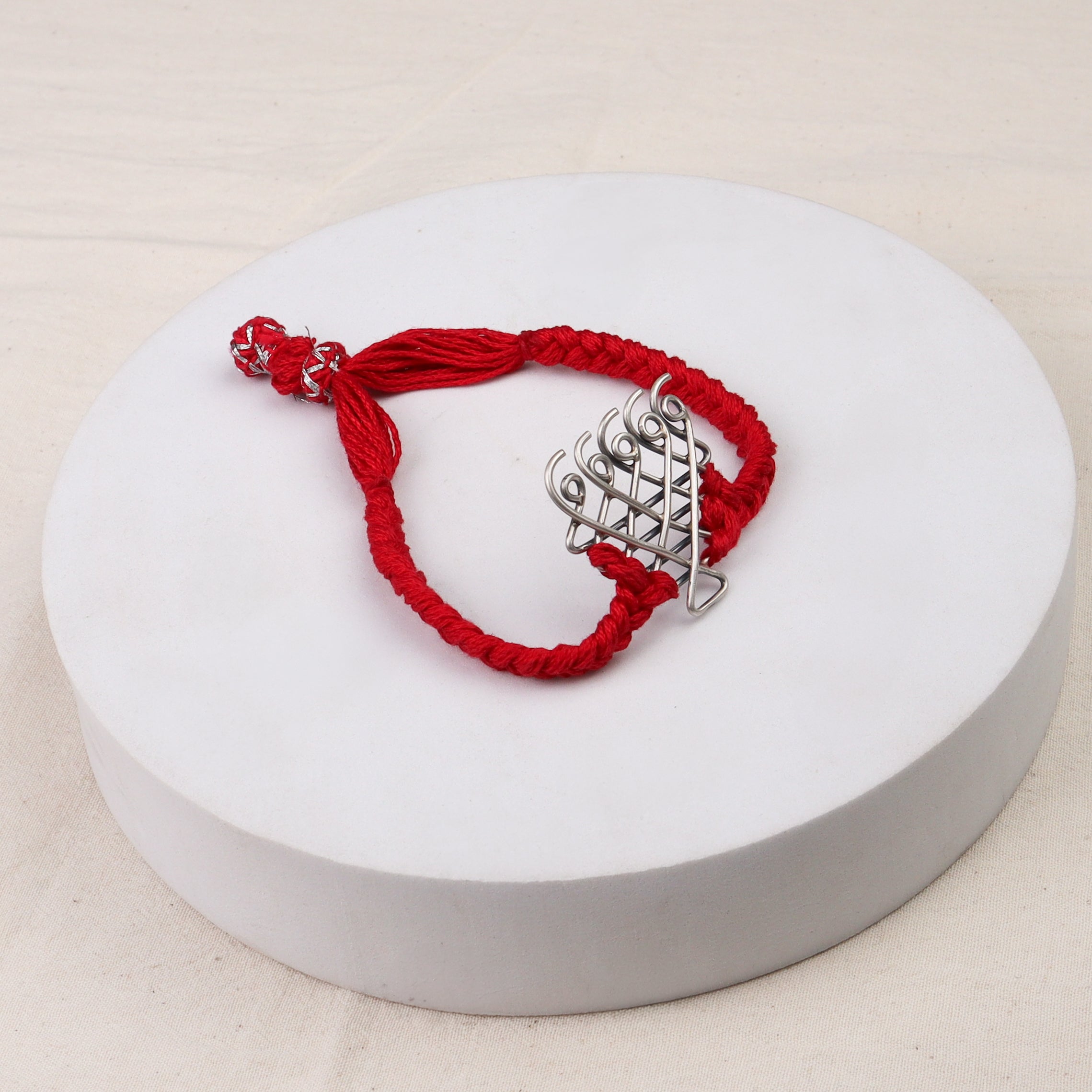 Silver Saraswati Bracelet for Men / Women with Red Thread ( Motif size : Medium )
