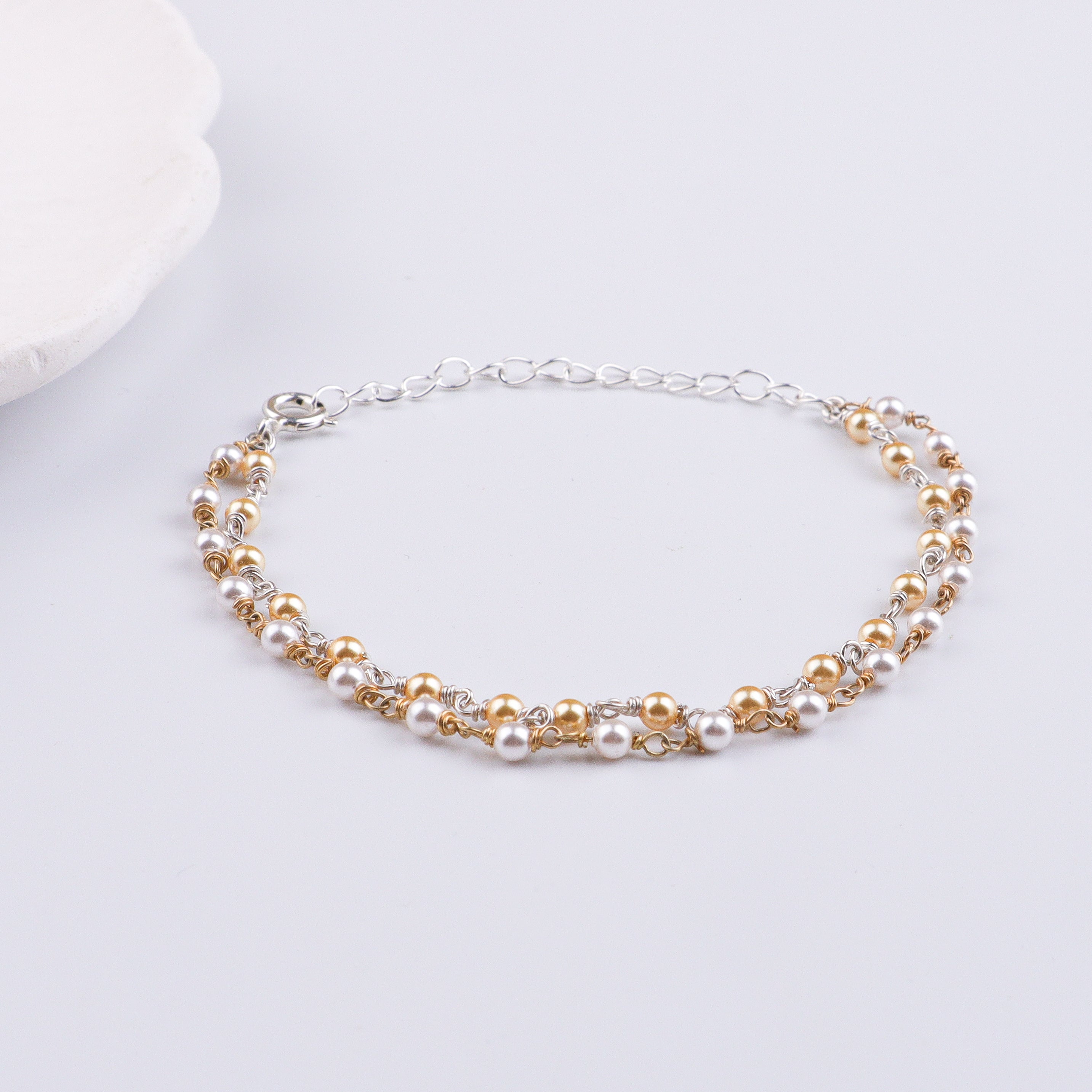 White & Golden Pearl Silver Bracelet (Project Handmade)