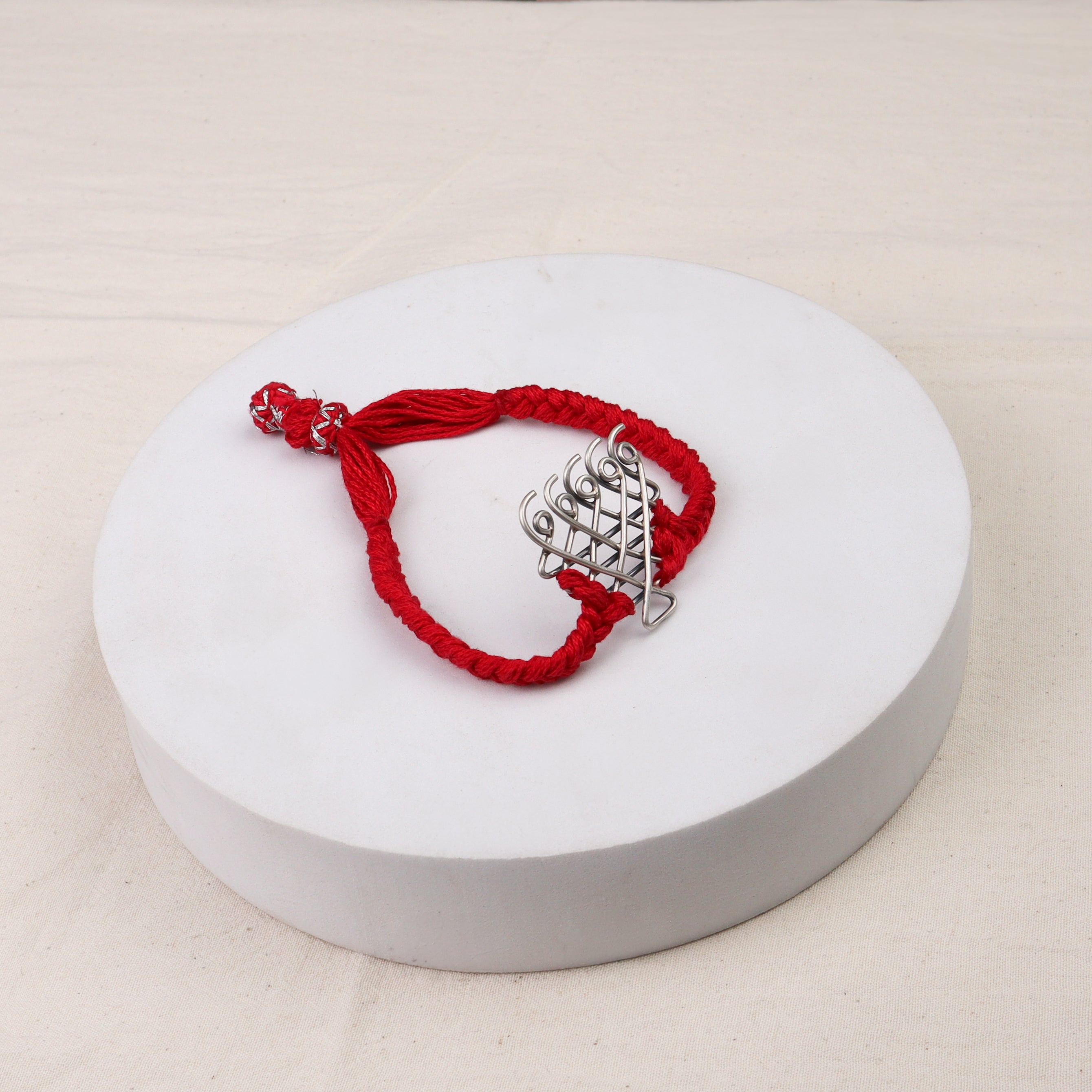 Silver Saraswati Bracelet for Men / Women with Red Thread ( Motif size : Medium )