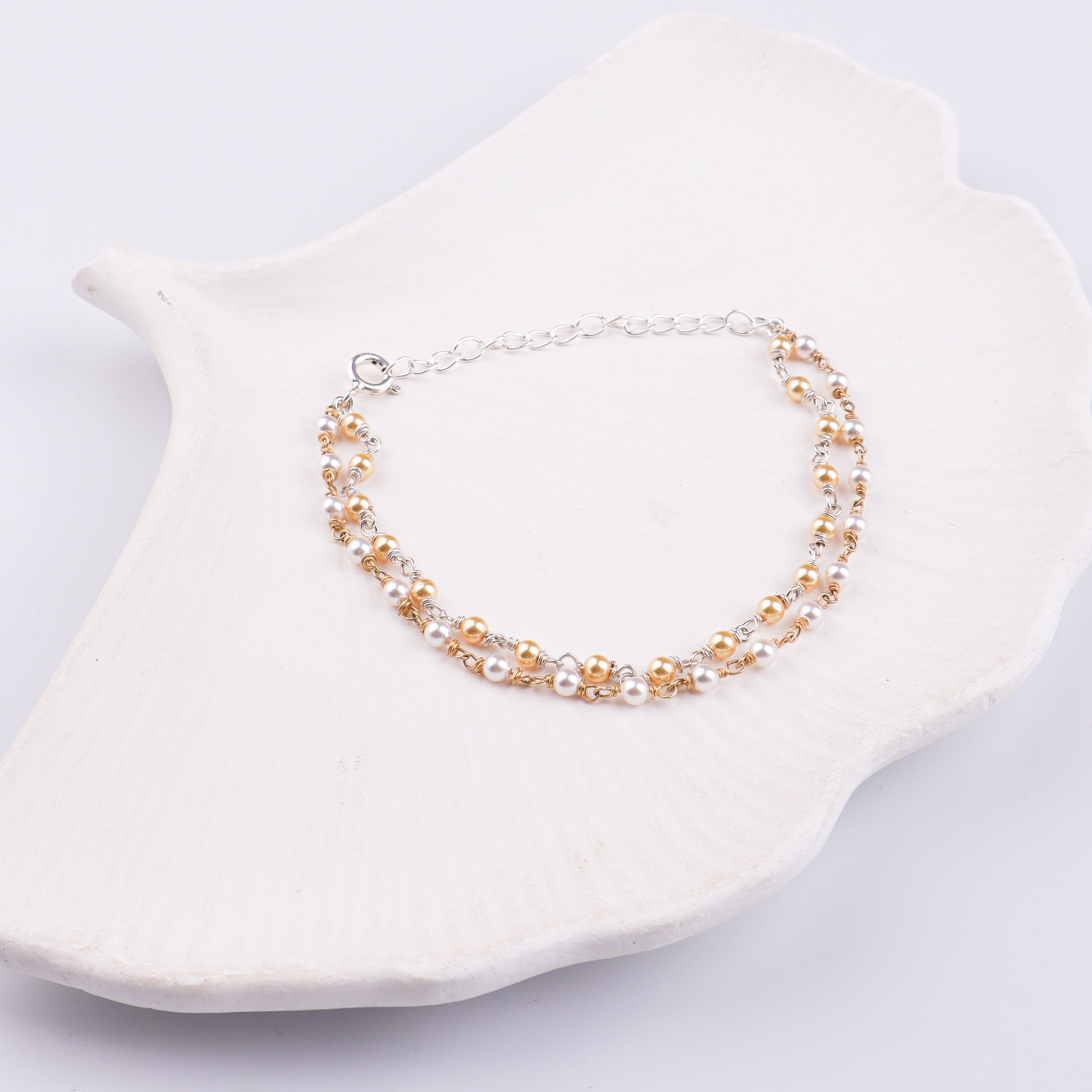 White & Golden Pearl Silver Bracelet (Project Handmade)