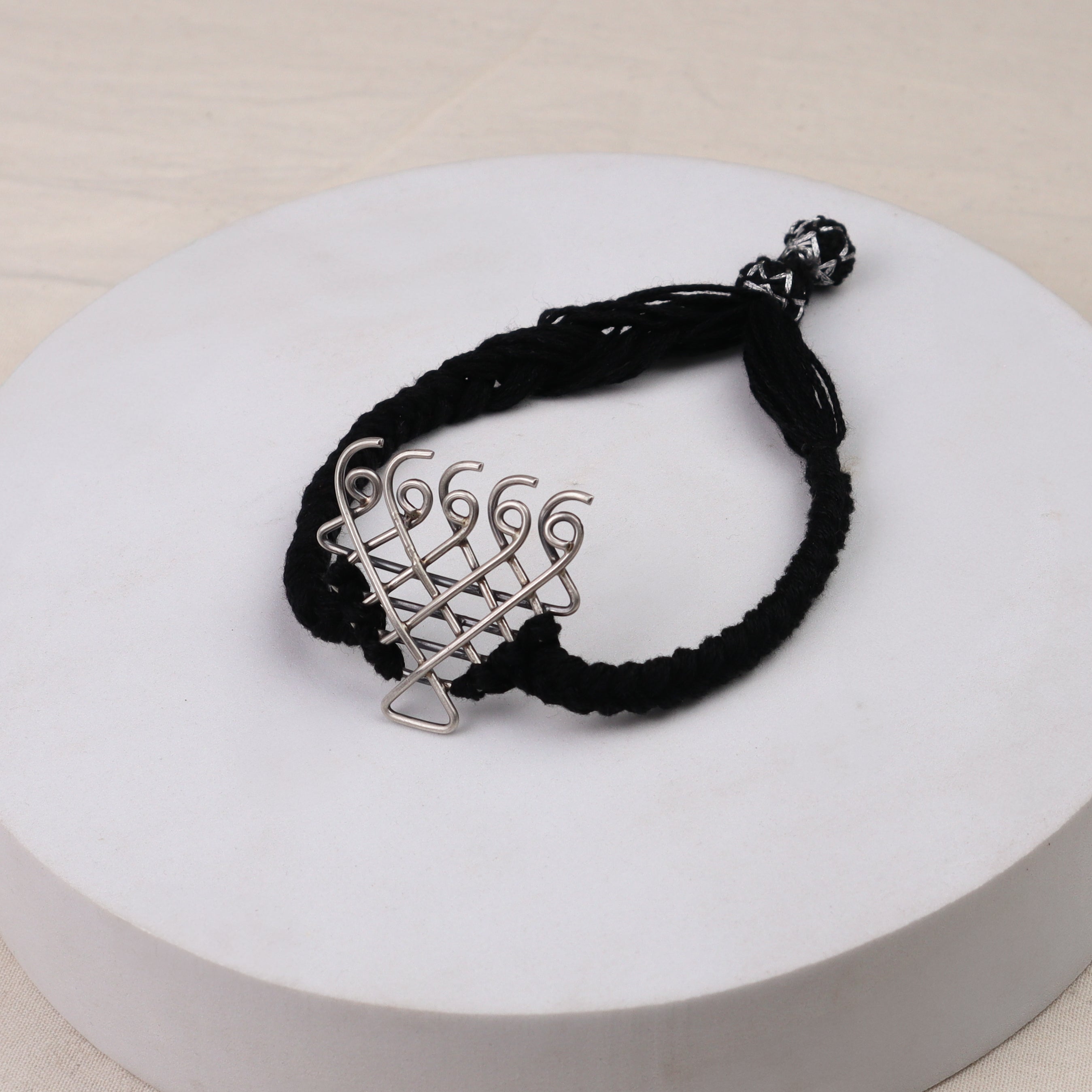 Silver Saraswati Bracelet for Men with Black Thread ( Motif size : Medium )